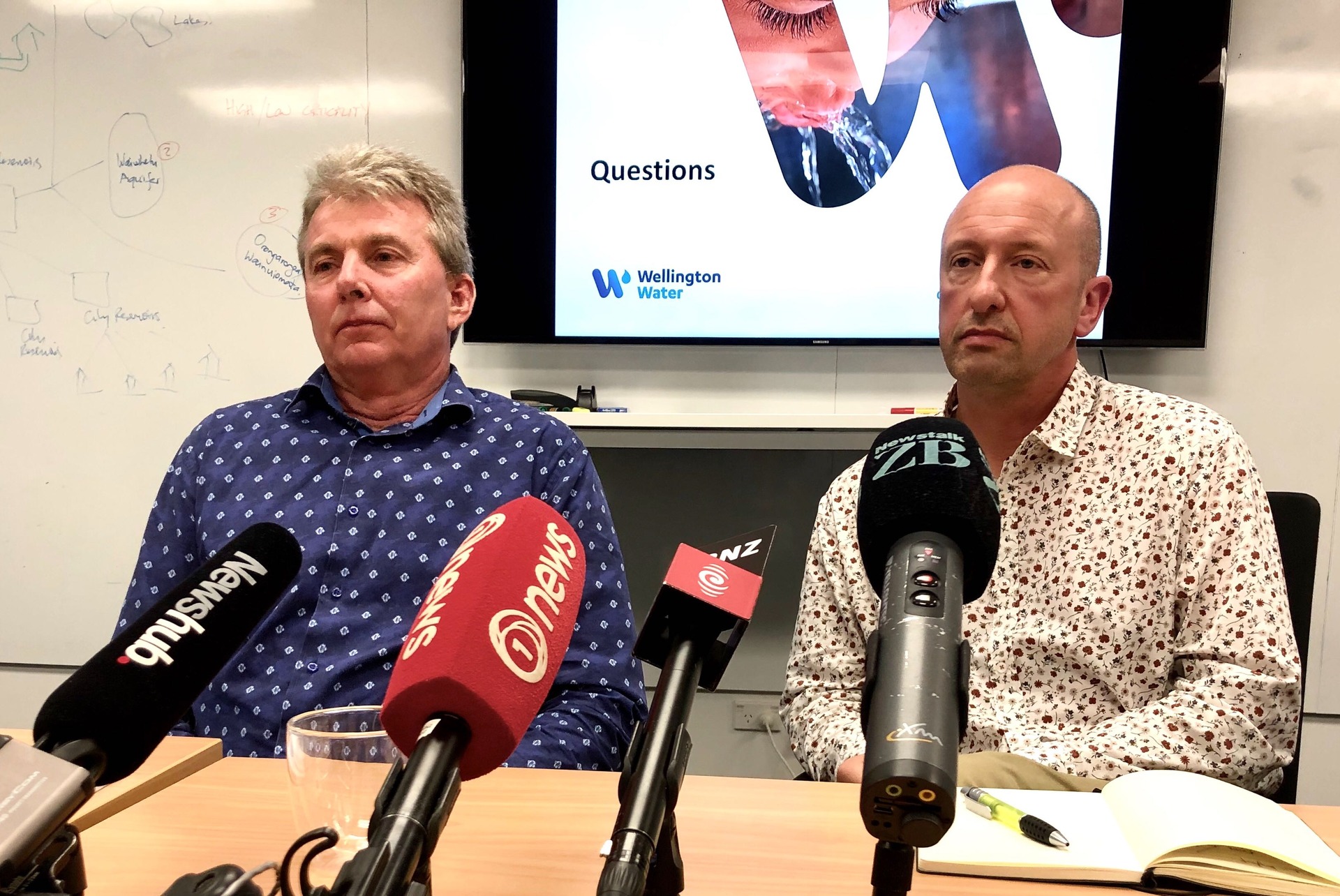 Wellington Water chief executive Colin Crampton (left) and network strategy and planning group manager Mark Kinvig front media. Photo / Georgina Campbell. 