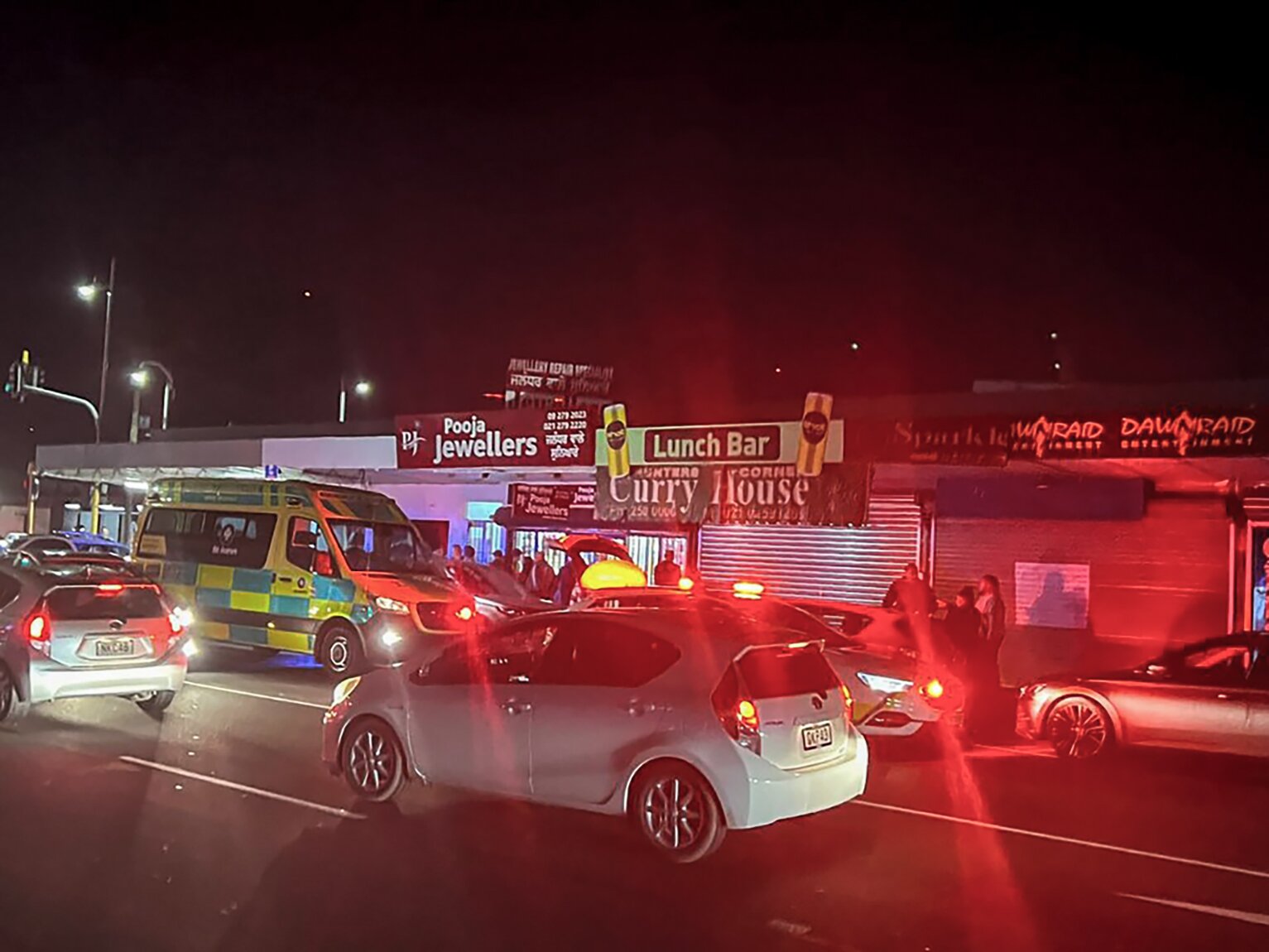 Police and ambulance outside the Pooja Jewellers in Papatoetoe after an armed robbery on Sunday evening. Photo / Supplied