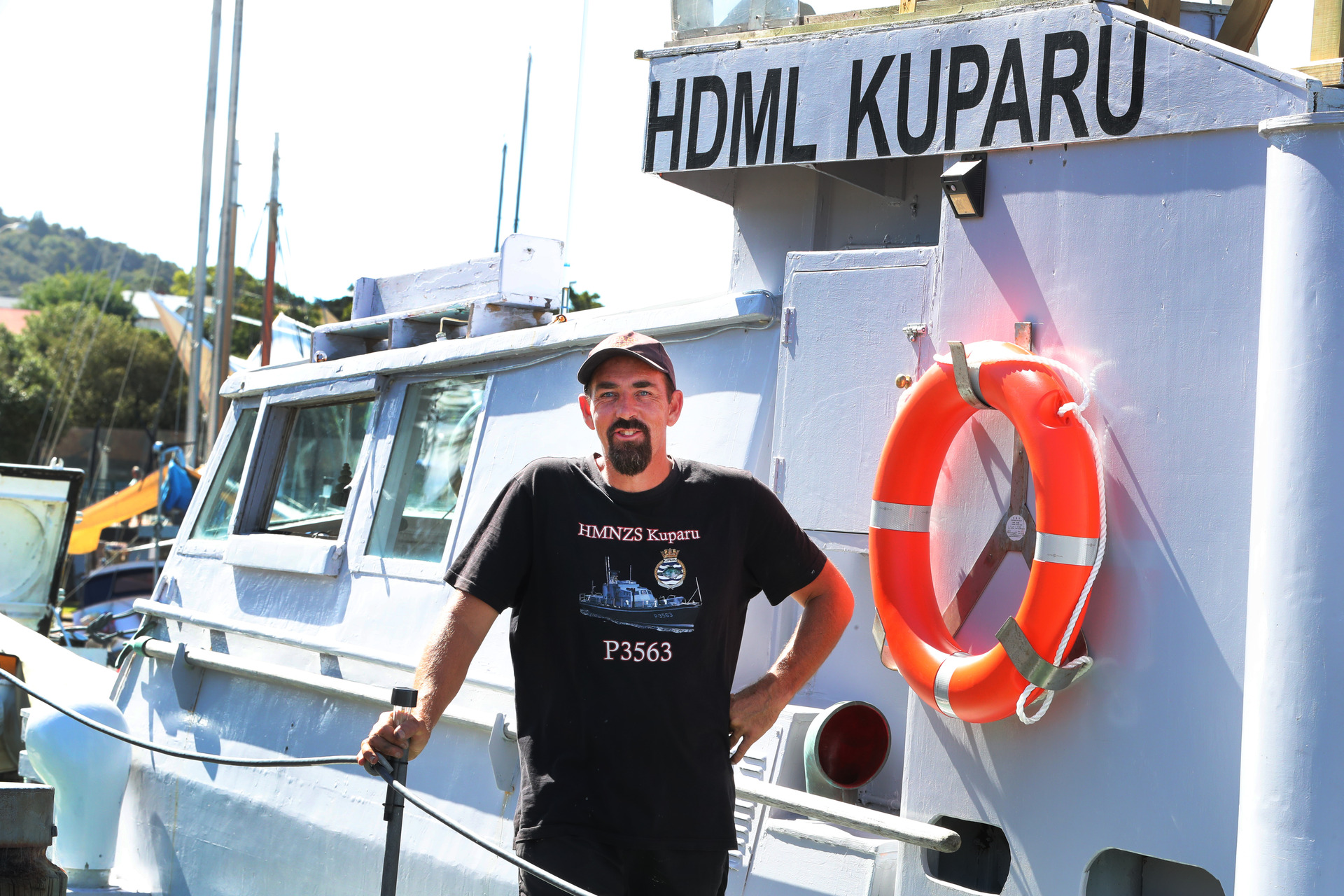 Scott Perry on HDML Kuparu in Whangārei's Town Basin Marina. Photo/John Stone
