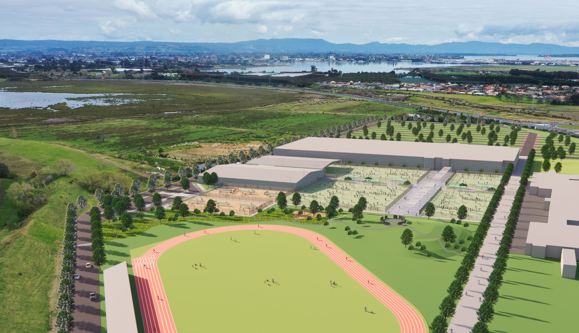 A 3D aerial perspective of the proposed plan changes to Baypark. Image / Boffa Miskell and Visitor Solutions