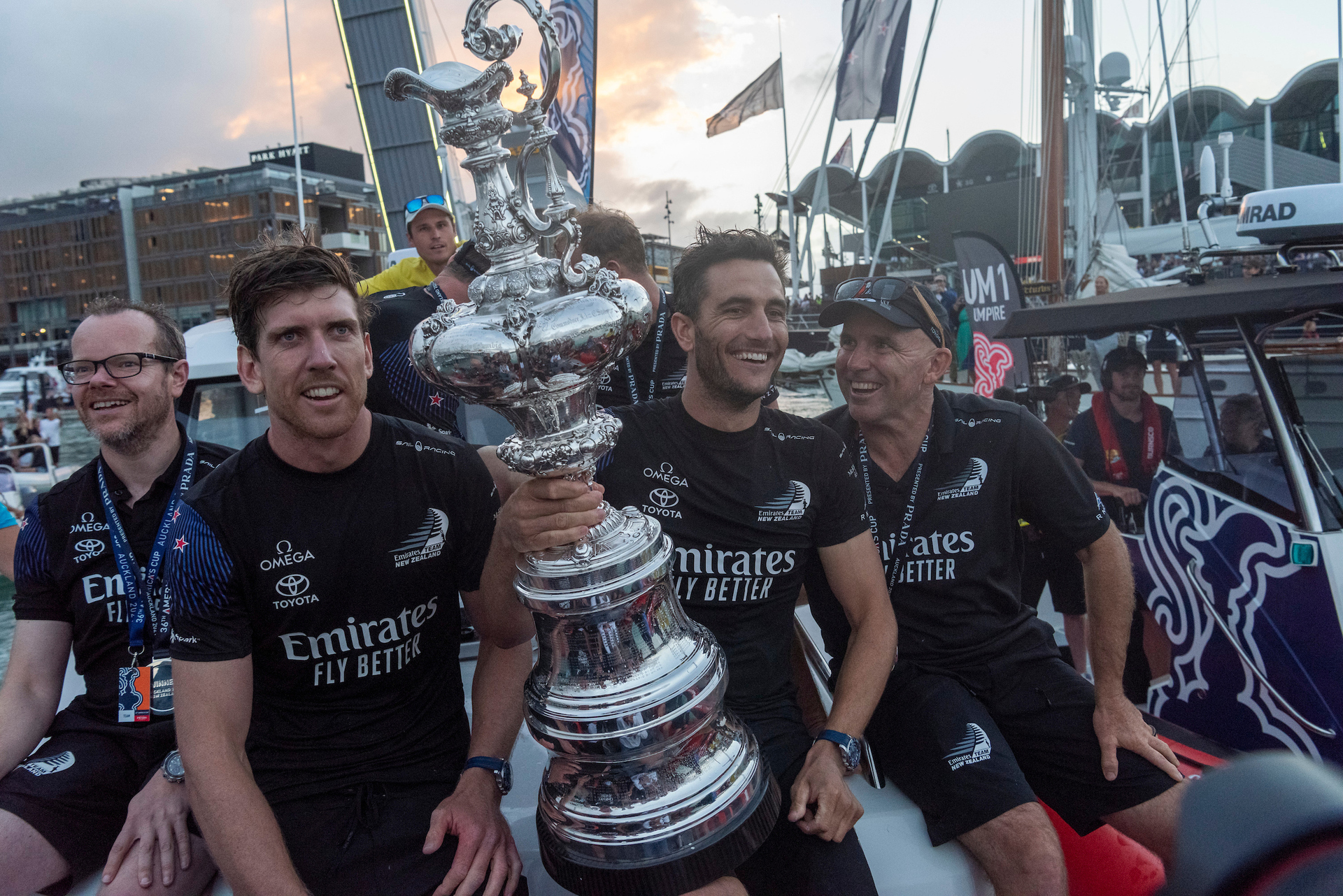 Skipper Peter Burling and foil controller Blair Tuke with the Auld Mug after winning the America's Cup against Luna Rossa Prada Pirelli Team 7 - 3 in 2021. Photo / Photosport