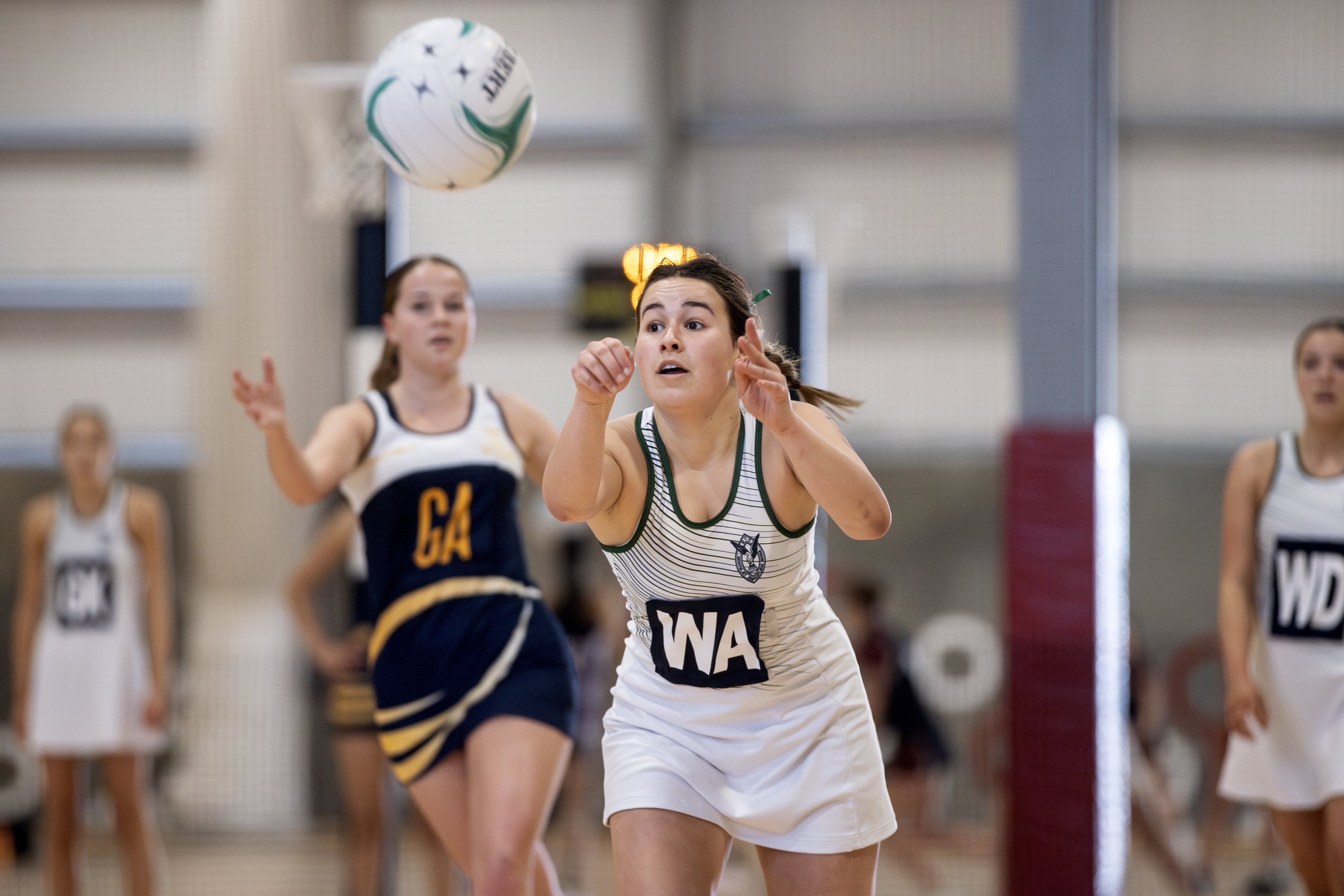 Columba College on their way to defeating Marlborough Girls’ College 39-25 in section play at the SISS Netball Tournament at Nga Puna Wai in Christchurch. Photo / George Heard