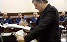 Crown prosecutor Tim Gresson at the beginning of the trial as (from left) Ian Howard, Simon Vincent, Alister Doonan and Clinton Vallender look on. Picture / Simon Baker
