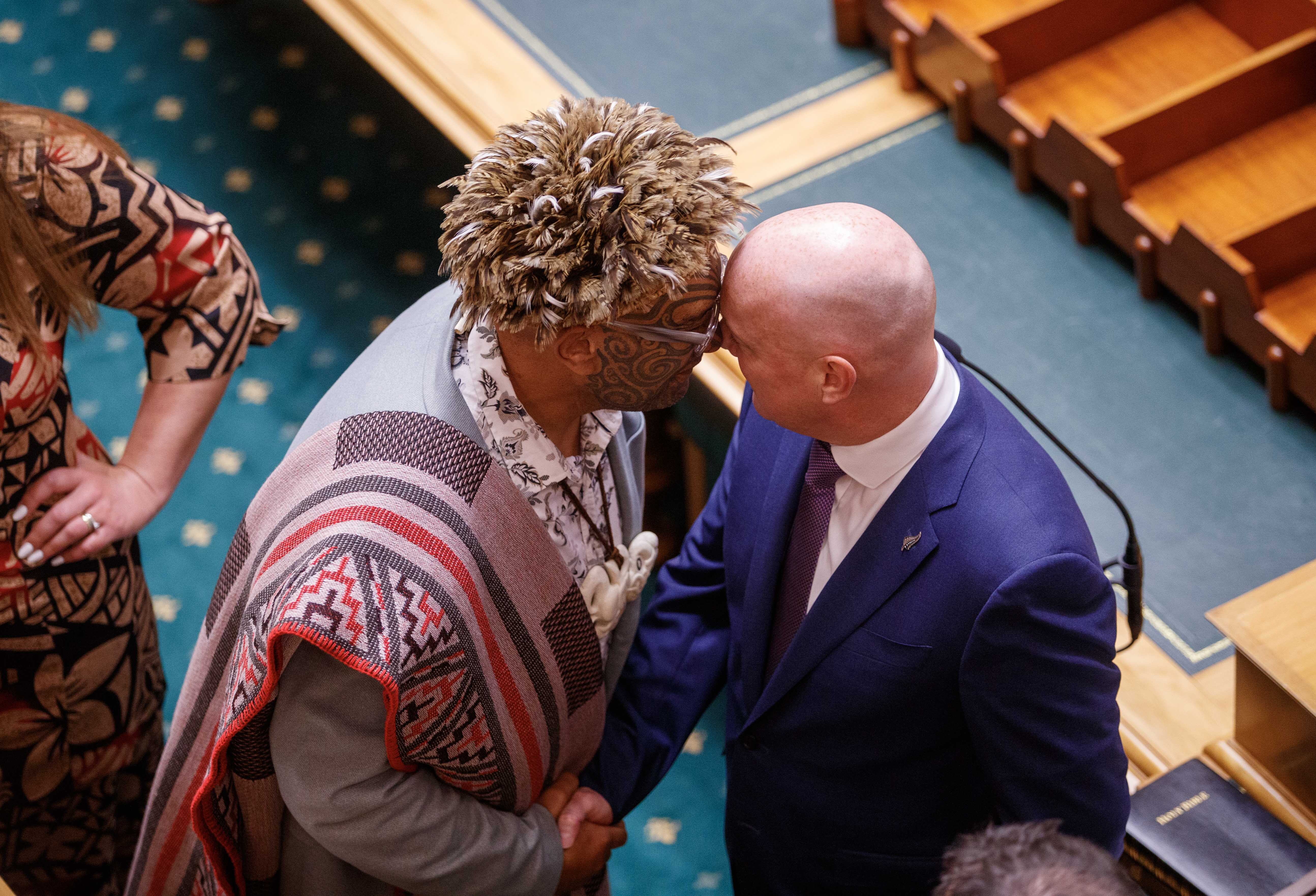 Te Pāti Māori co-leader Rawiri Waititi and Prime Minister Chris Luxon hongi at Parliament ahead of the swearing-in ceremony. Photo / Mark Mitchell