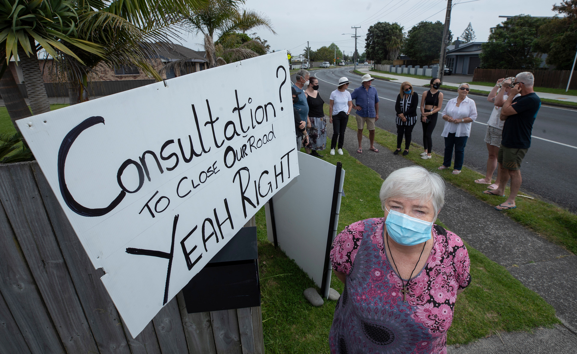 Teri Logie with other residents, protesting the first Links Ave trial. Photo / file