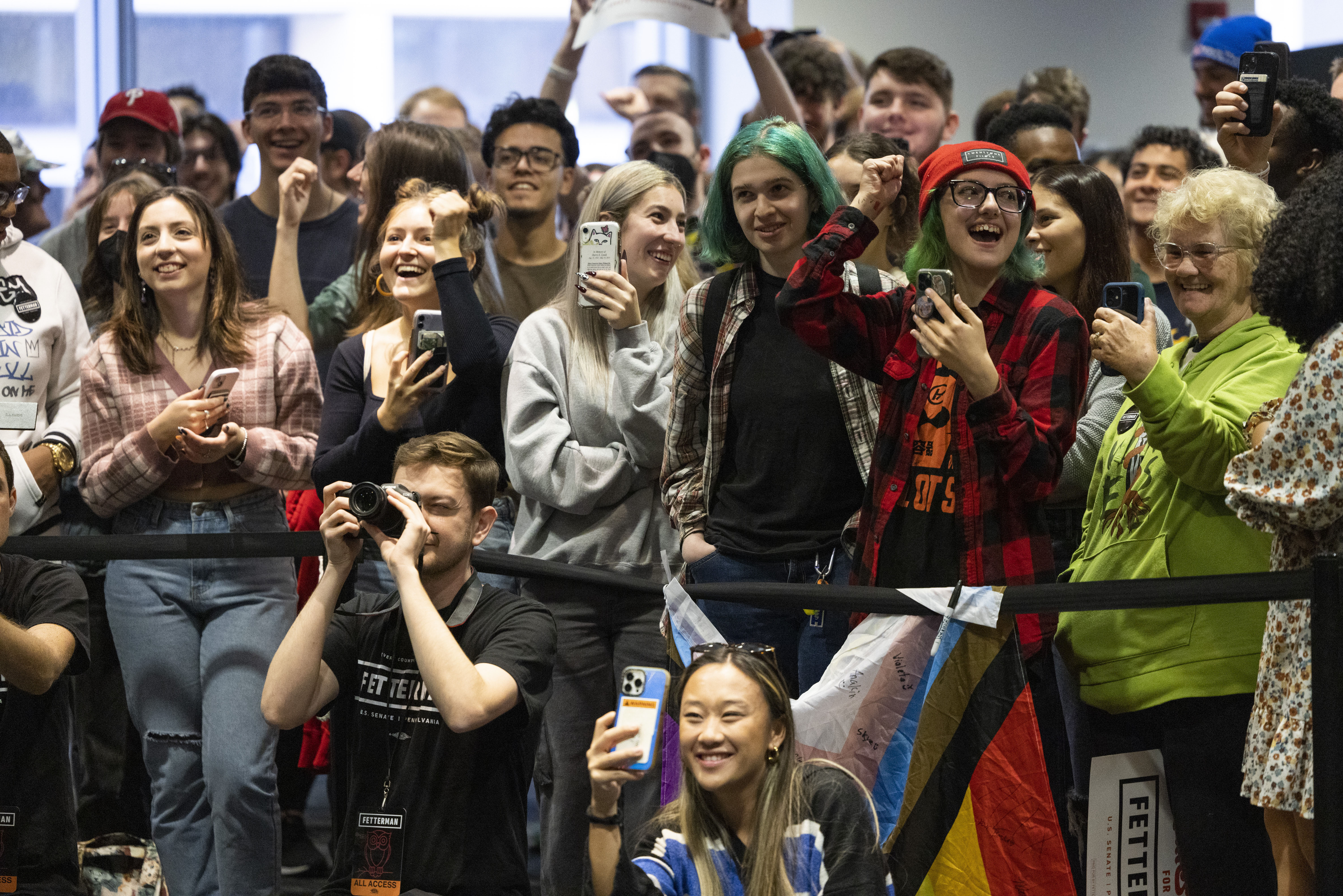 Supporters of Senate candidate John Fetterman cheer him on as he speaks at Temple University in Philadelphia, October 29, 2022. Photo / AP