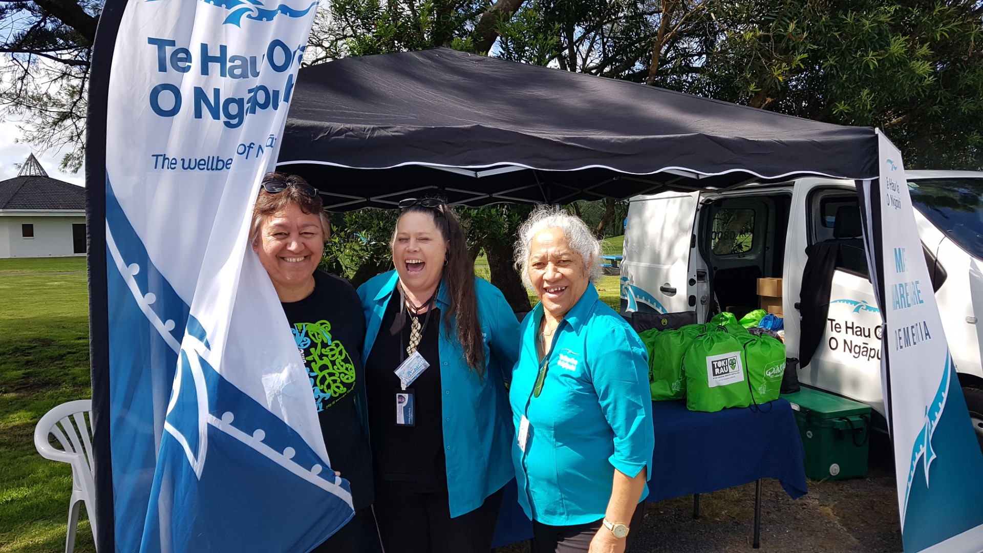 Giddy King, Nanette Henry and Joan Henare, from Te Hau Ora O Ngāpuhi, promoting the organisation’s new Mate Wareware dementia services at Awanui Day