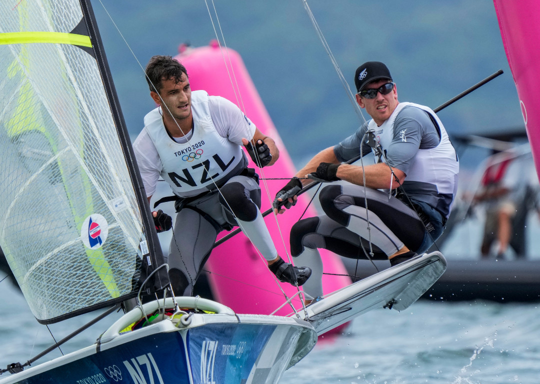 Blair Tuke (L) and Peter Burling on their 49er boat. Photo / AP