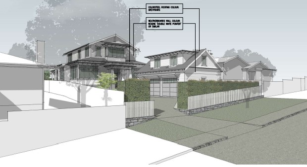 An architectural drawing of Clair Connor's proposed new house and garage.