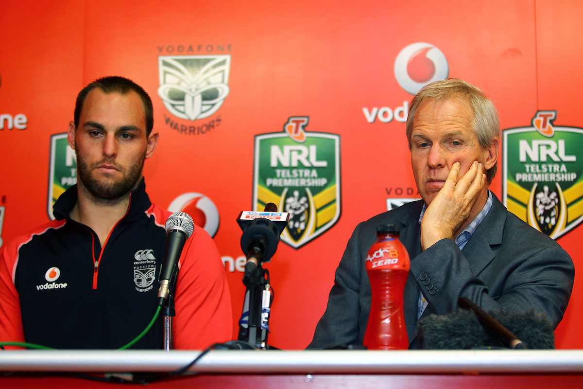 Warriors' captain Simon Mannering and Head Coach Matthew Elliott during a post-game conference in 2013. Photo / Photosport