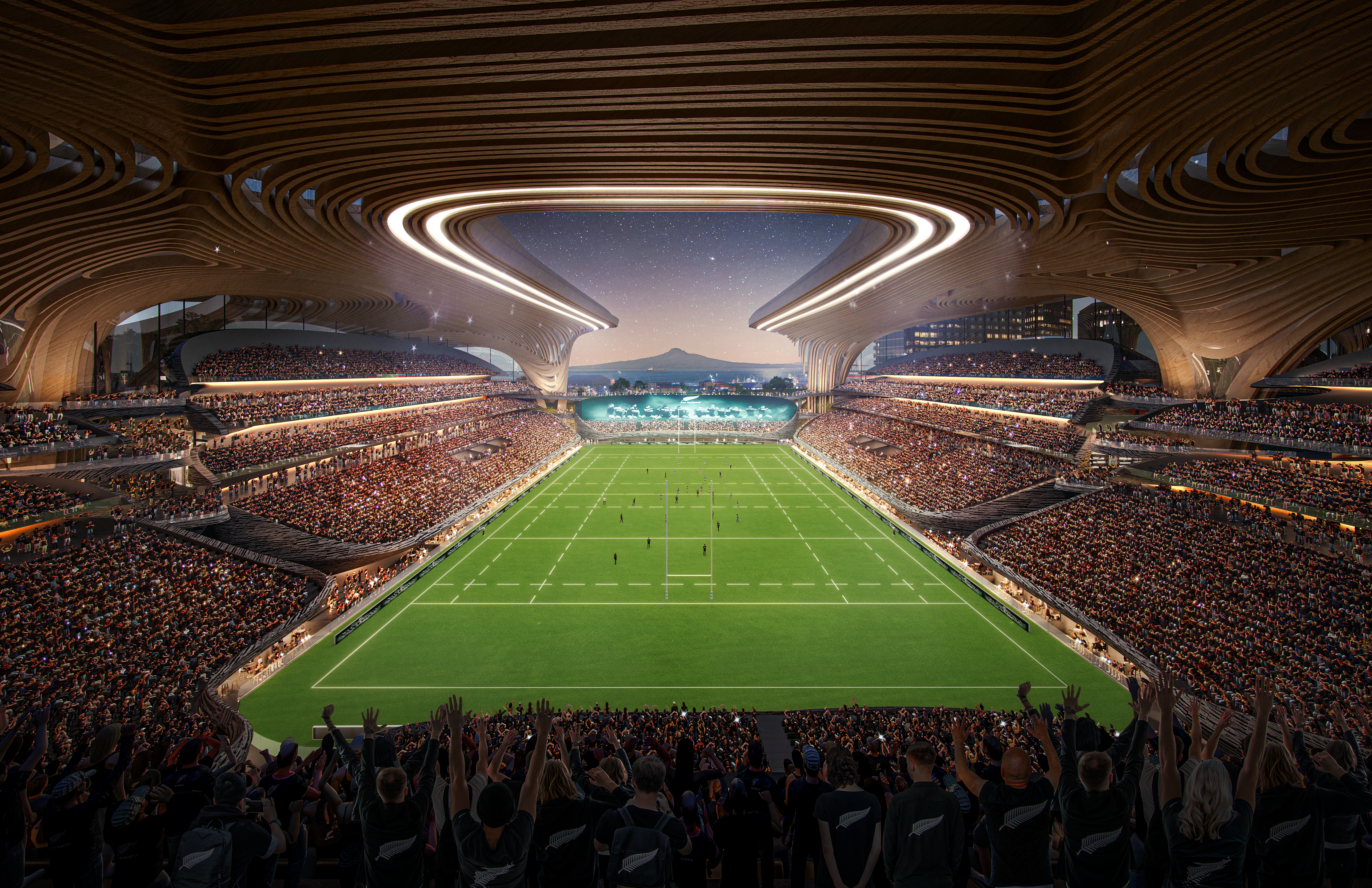 The view out on to the Waitematā Harbour from inside the proposed Downtown stadium at Auckland's Quay Park. Image / Artist's impression
