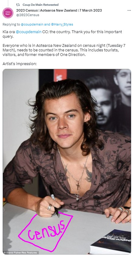 Harry Styles will be required to fill out the 2023 NZ Census. Photo / Twitter