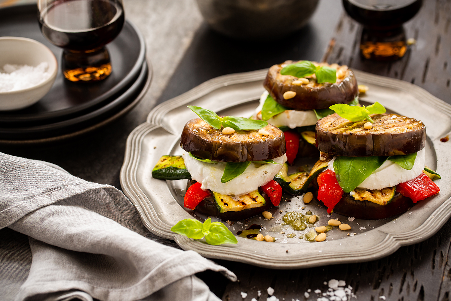 Drizzle these stacks with balsamic vinegar and pine nuts. Photo / Babiche Martens