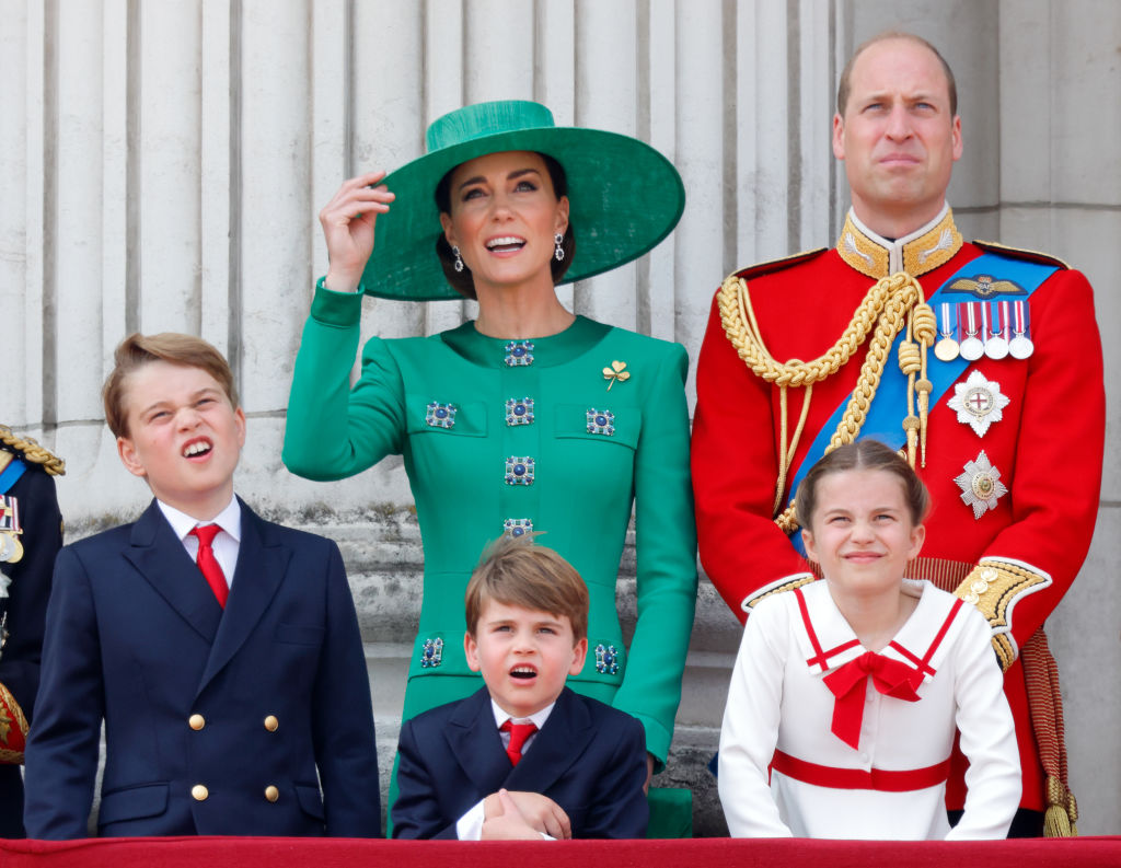 Prince George of Wales, Catherine, Princess of Wales, Prince Louis of Wales, Princess Charlotte of Wales and Prince William, Prince of Wales watch an RAF flypast from the balcony of Buckingham Palace during Trooping the Colour on June 17, 2023 in London, England. Photo / Getty Images