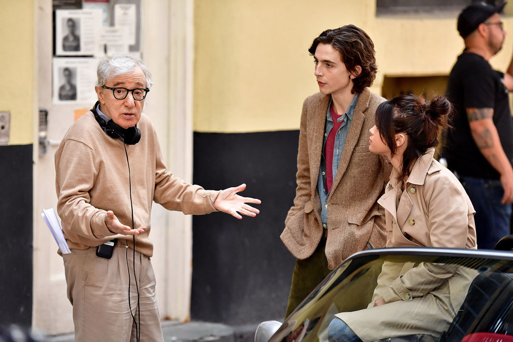 Woody Allen, Timothe Chalamet and Selena Gomez on set for A Rainy Day in New York in 2017. Photo / Getty Images
