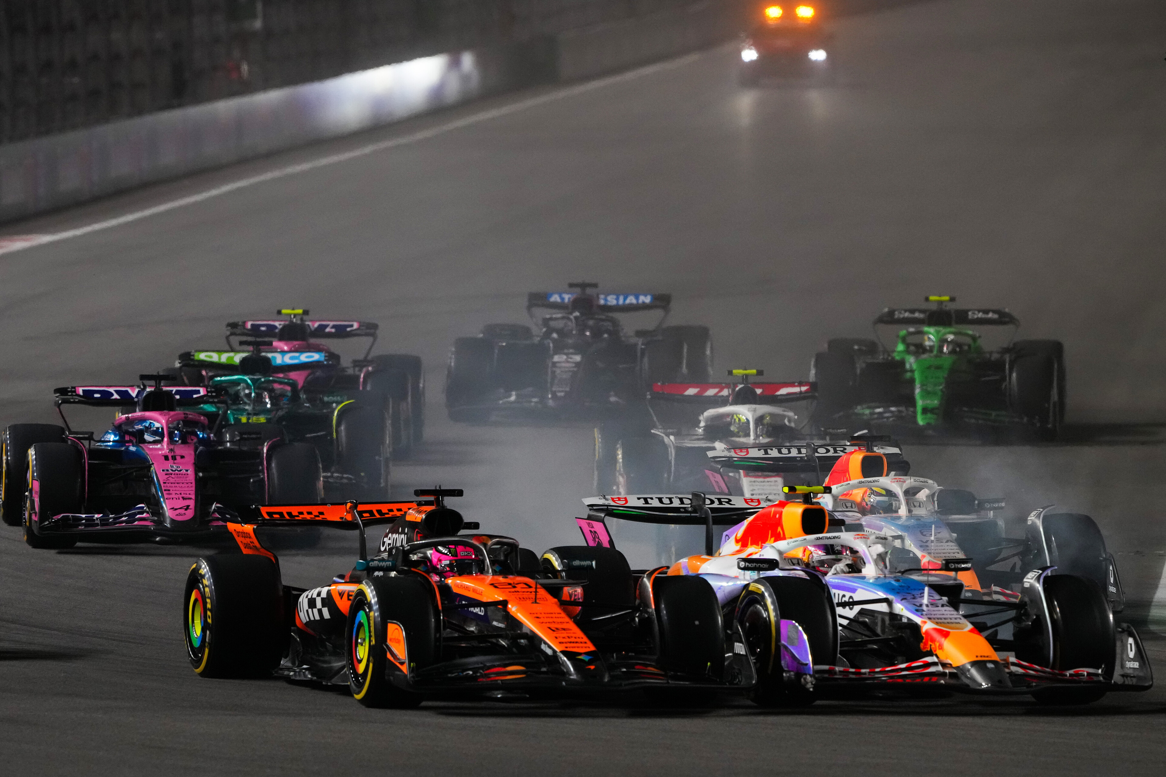 Liam Lawson and Oscar Piastri collide on the first lap of the Las Vegas Grand Prix. Photo / Red Bull