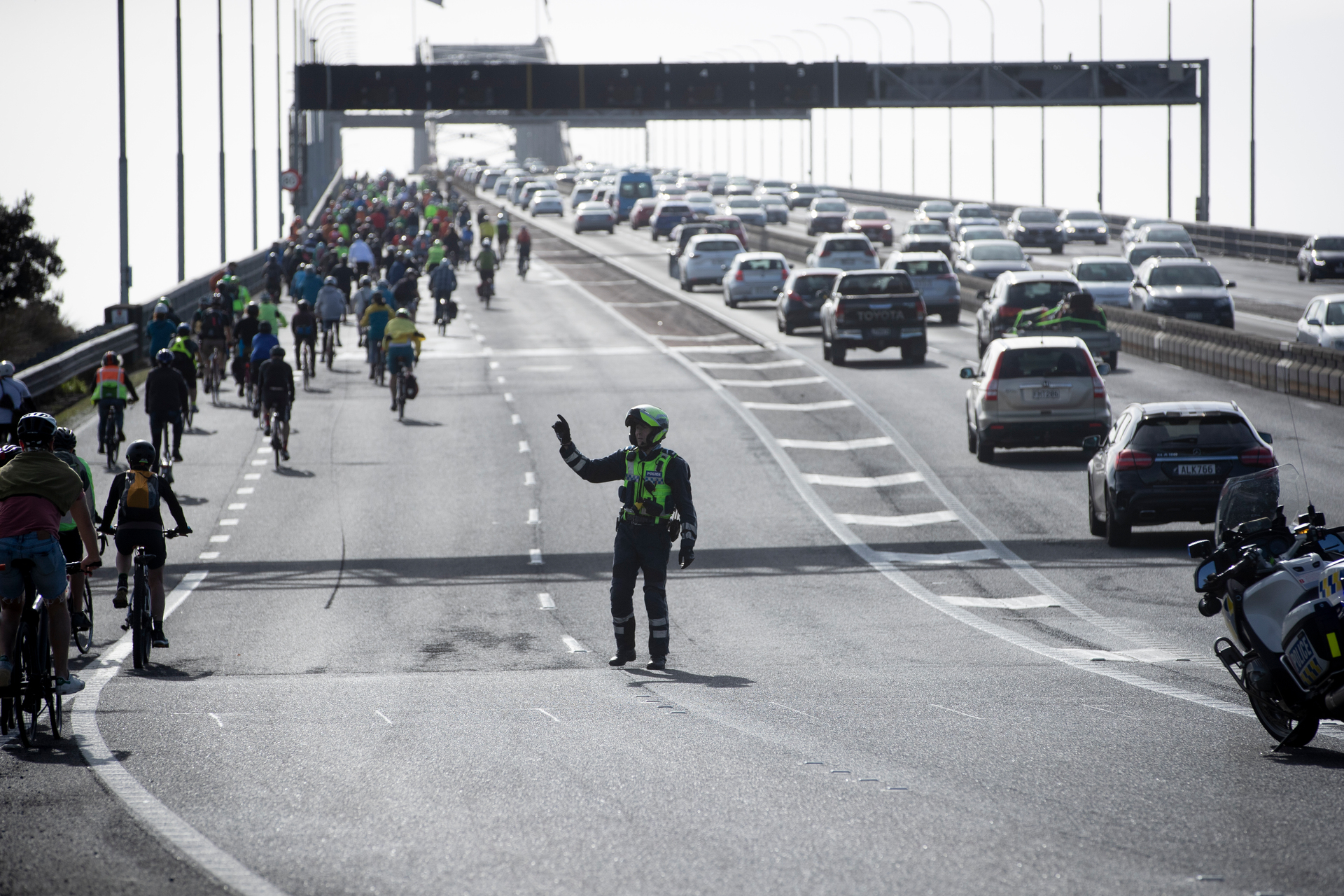Bikes on the bridge, May 30. Photo / Dean Purcell