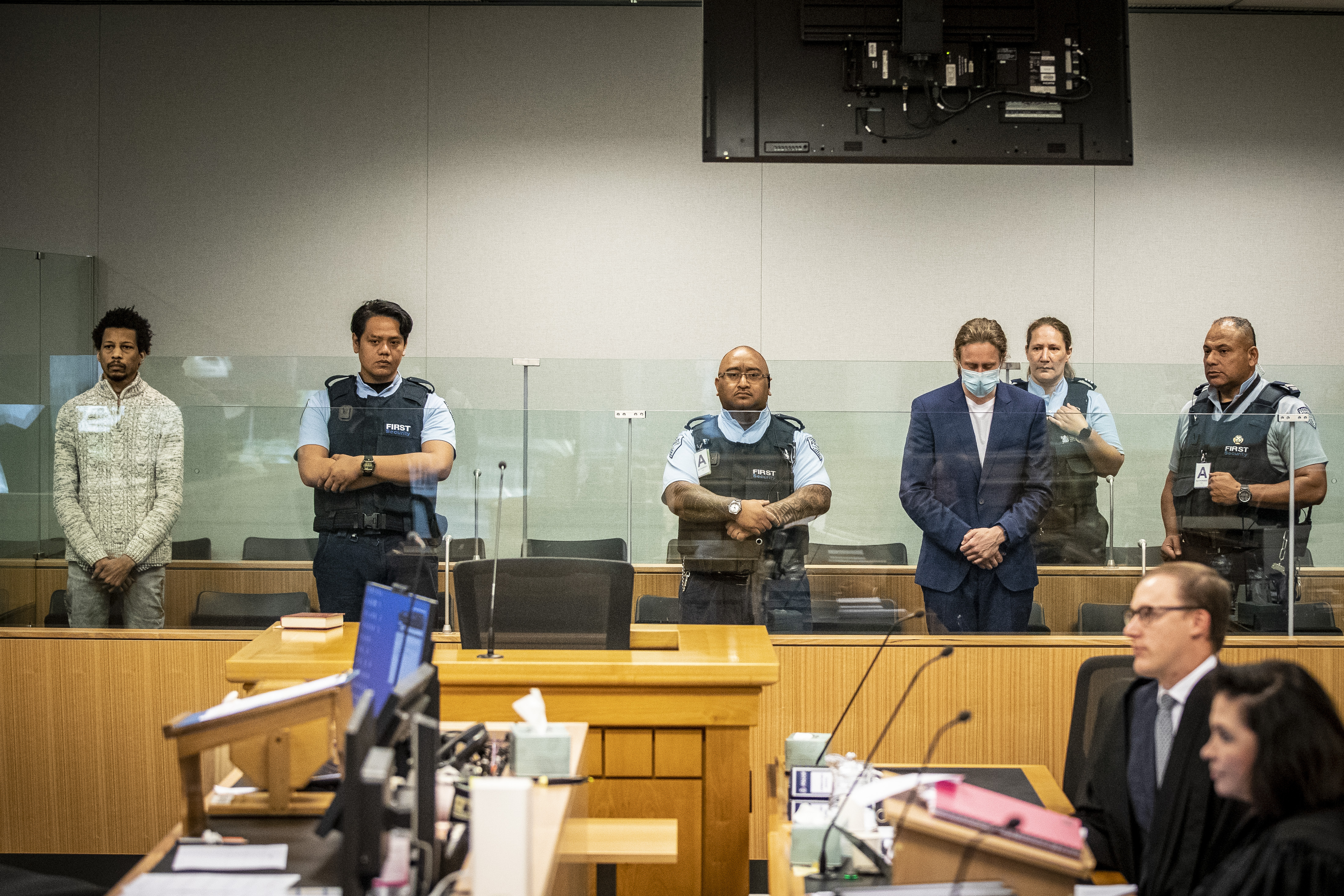Terrique Treasurer, far left, and Xavier Valent, second from right, have been sentenced for their part in a drug syndicate. At lower right are Crown prosecutors Ben Kirkpatrick and Fiona Culliney. Photo / Michael Craig
