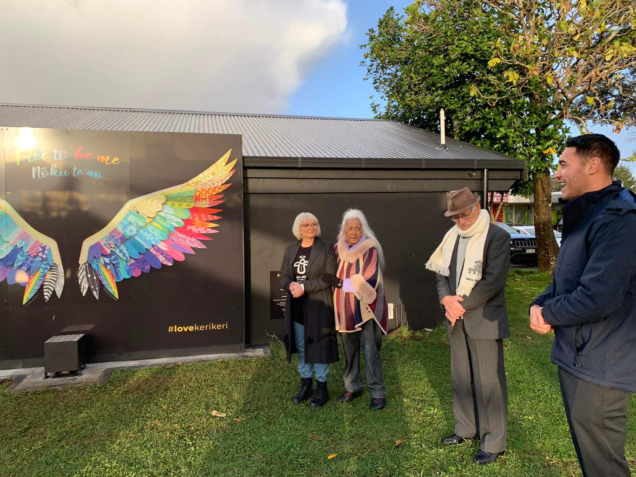 Thérèse Wickbom from Bald Angels (left), kuia Hana Munro, kaumātua Arena Munro and  Far North District Council Mayor Moko Tepania (right) blessing the Wings installation in the Kerikeri Domain. 