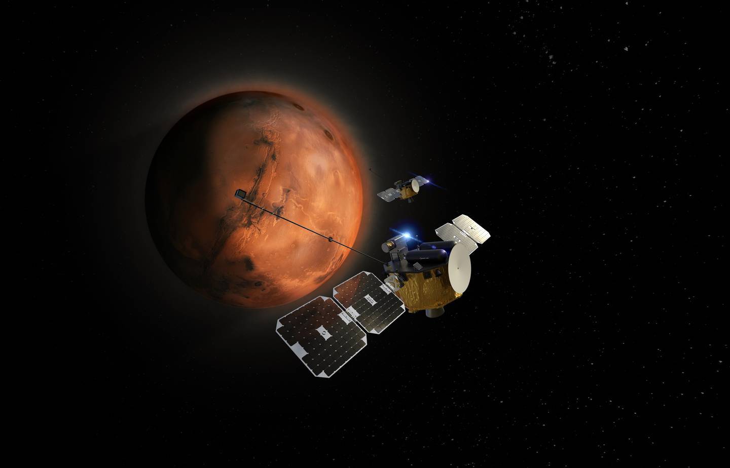 Following an 11-month interplanetary cruise, the twin Photons - named Blue and Gold - will orbit the Red Planet. Using their dual viewpoint, they will then explore how the solar wind strips the atmosphere away from Mars, allowing a better understanding of how its climate has changed over time. Image / Artist impression
