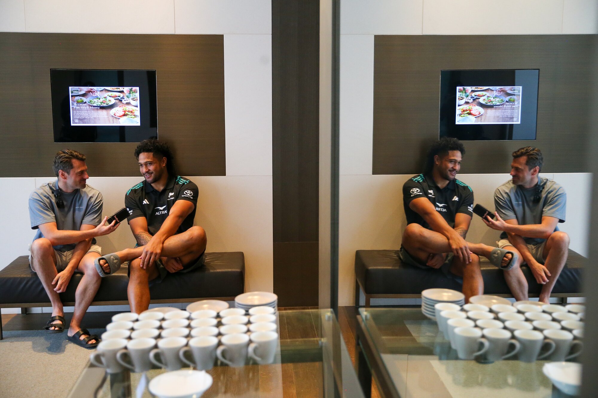 Herald rugby writer Liam Napier interviews Leicester Fainga’anuku, in Perth. Photo / Brad Roberts