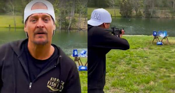 American singer-songwriter Kid Rock angrily shot at several cases of Bud Light.