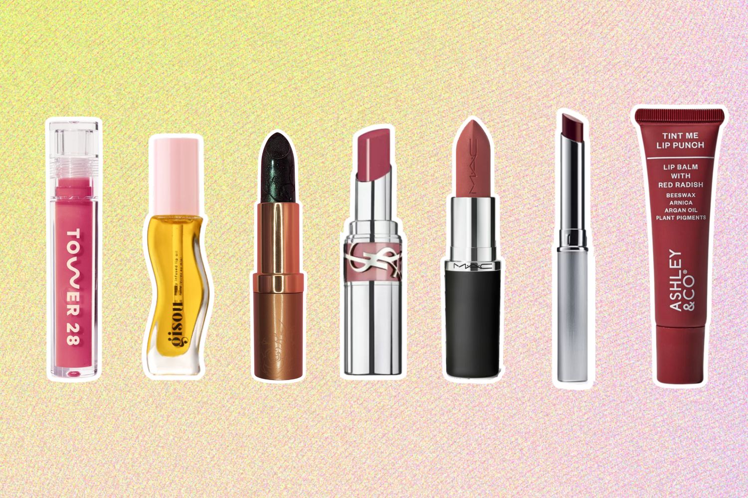 From left: Tower 28 ShineOn Lip Jelly; Gisou Lip Oil; Karen Murrell Lipstick in the shade 37 Night Moves; YSL Loveshine Lipstick; M.A.C Cosmetics MACximal Silky Matte Lipstick; Clinique Almost Lipstick in Black Honey; Ashley & Co Tint Me Lip Punch with Red Radish.