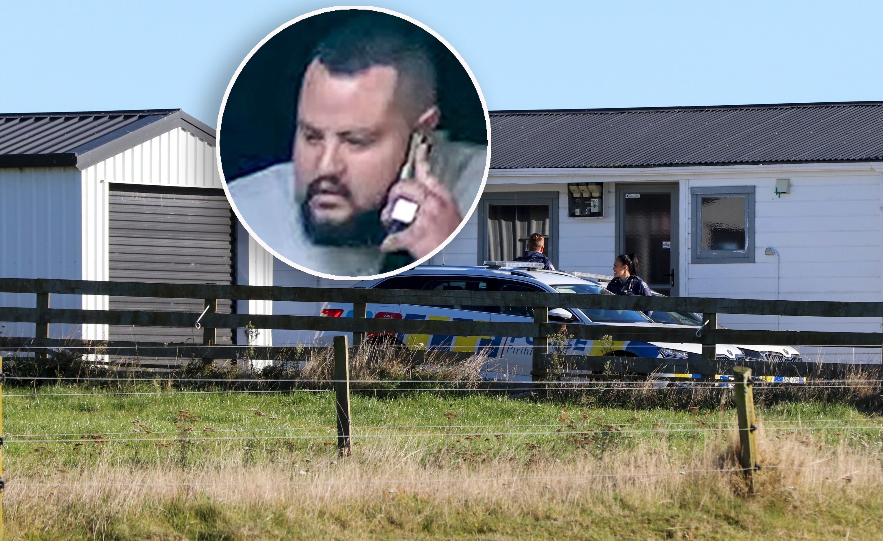 Police outside the cabin where the body of Hone Kay-Selwyn (inset) was found. Photo / Dan Hutchinson