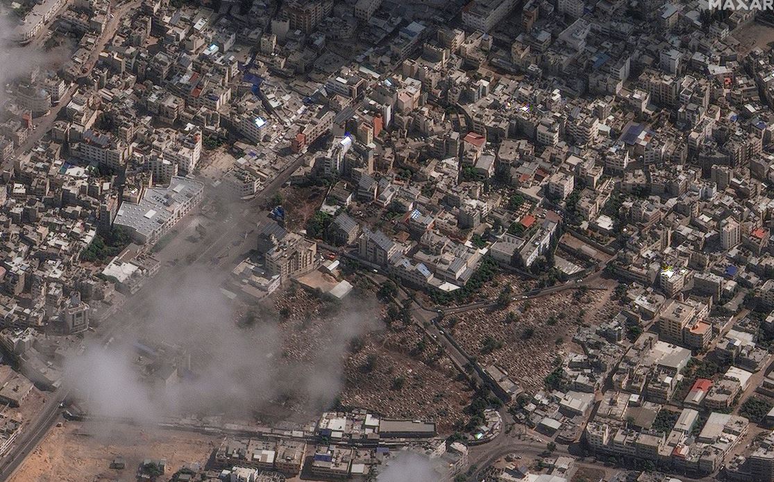 This image provided by Maxar Technologies on Wednesday, October 18 shows an overview of the al-Ahli Hospital (centre of image) in Gaza City after a deadly explosion. Photo / AP