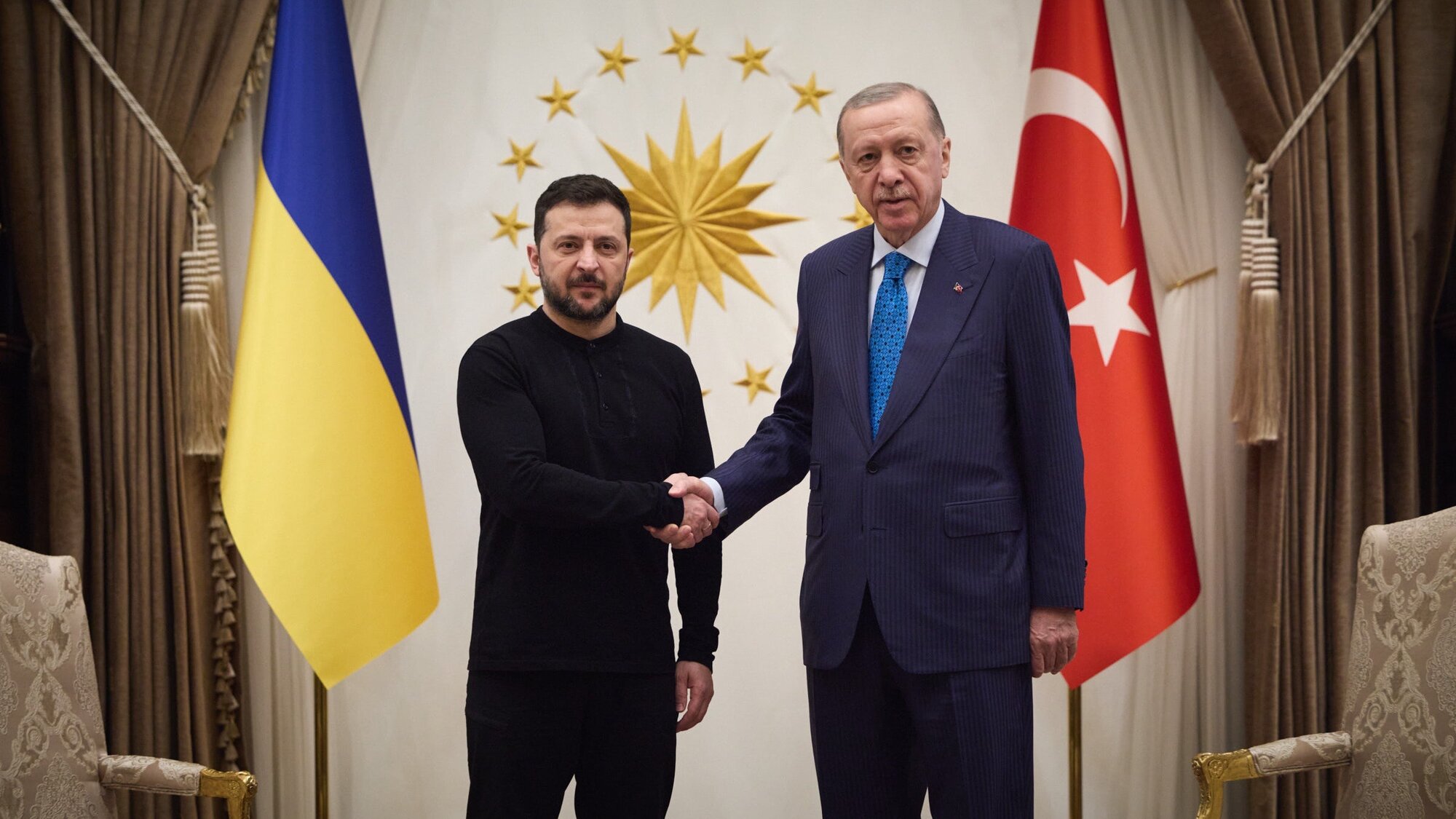 Ukraine's President Volodymyr Zelenskyy with Turkish President Recep Tayyip Erdogan at the inauguration of the new building of Ukrainian embassy in Turkey yesterday. 