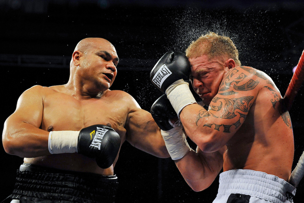 David Tua lands a punch on Shane Cameron at Mystery Creek in 2009. Photo / Photosport.co.nz