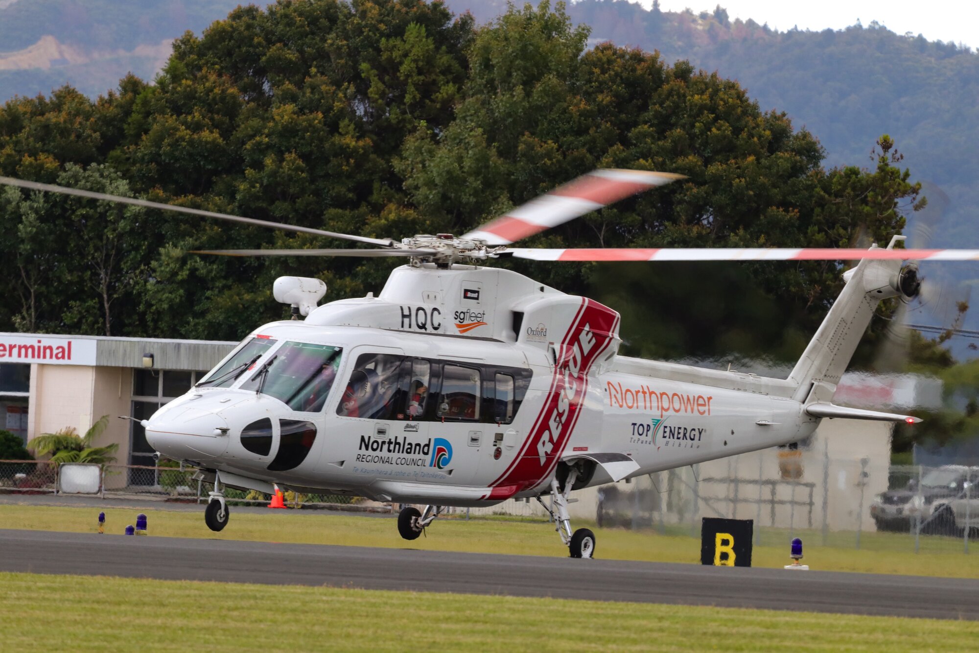 A Northern Rescue Helicopter lifts off from its new Northland base at Whangārei Airport at Onerahi Photo / Sarah Curtis