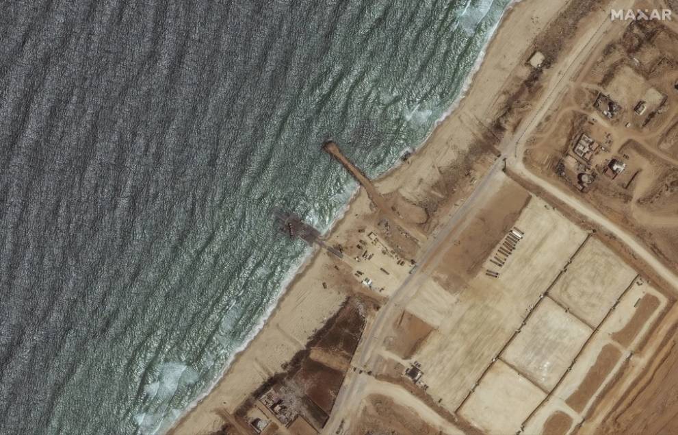 A floating pier built by the US to surge aid into the territory was damaged in bad weather. Photo / AP