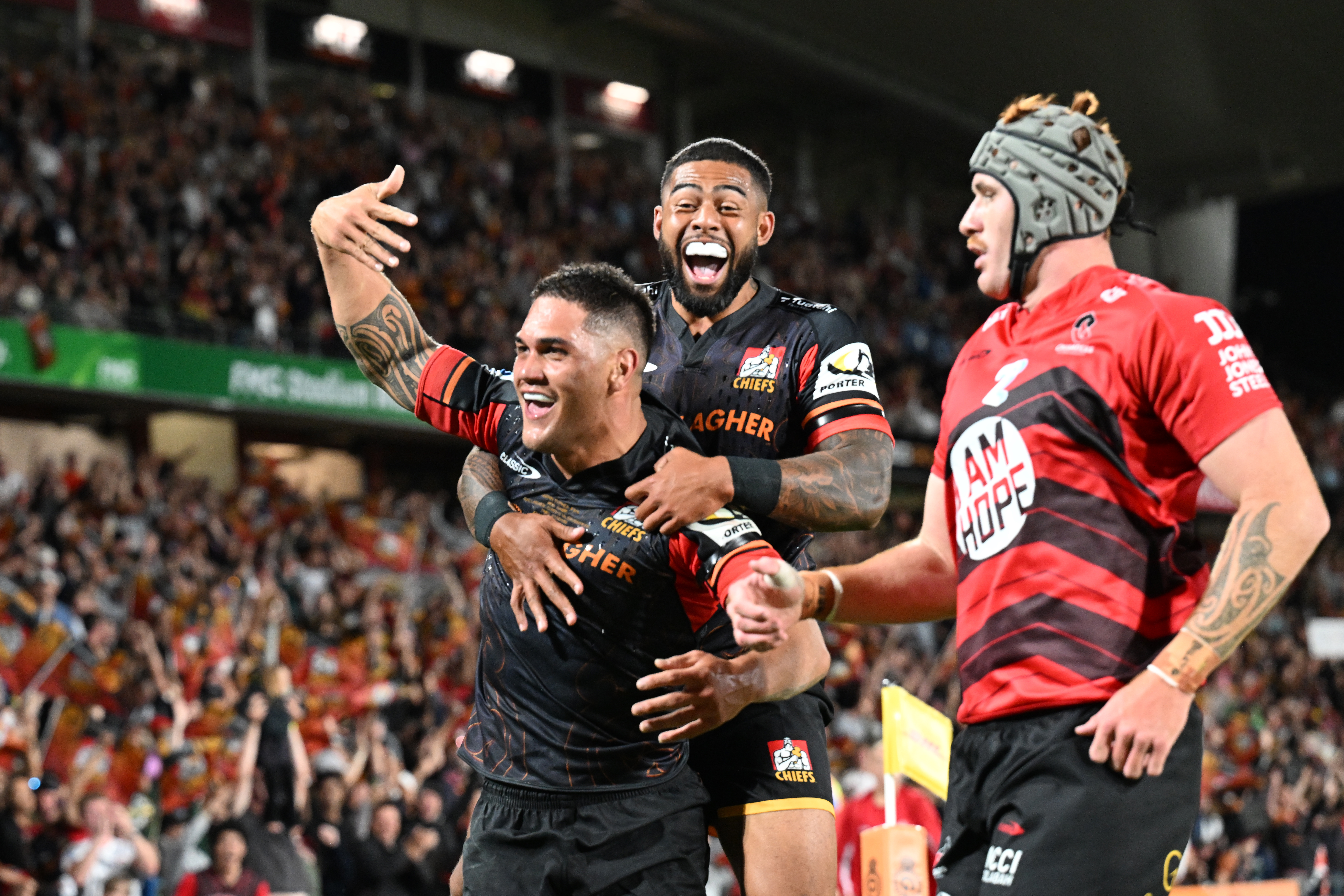 Quinn Tupaea celebrates a try in his 50th Chiefs appearance. Photo / Photosport