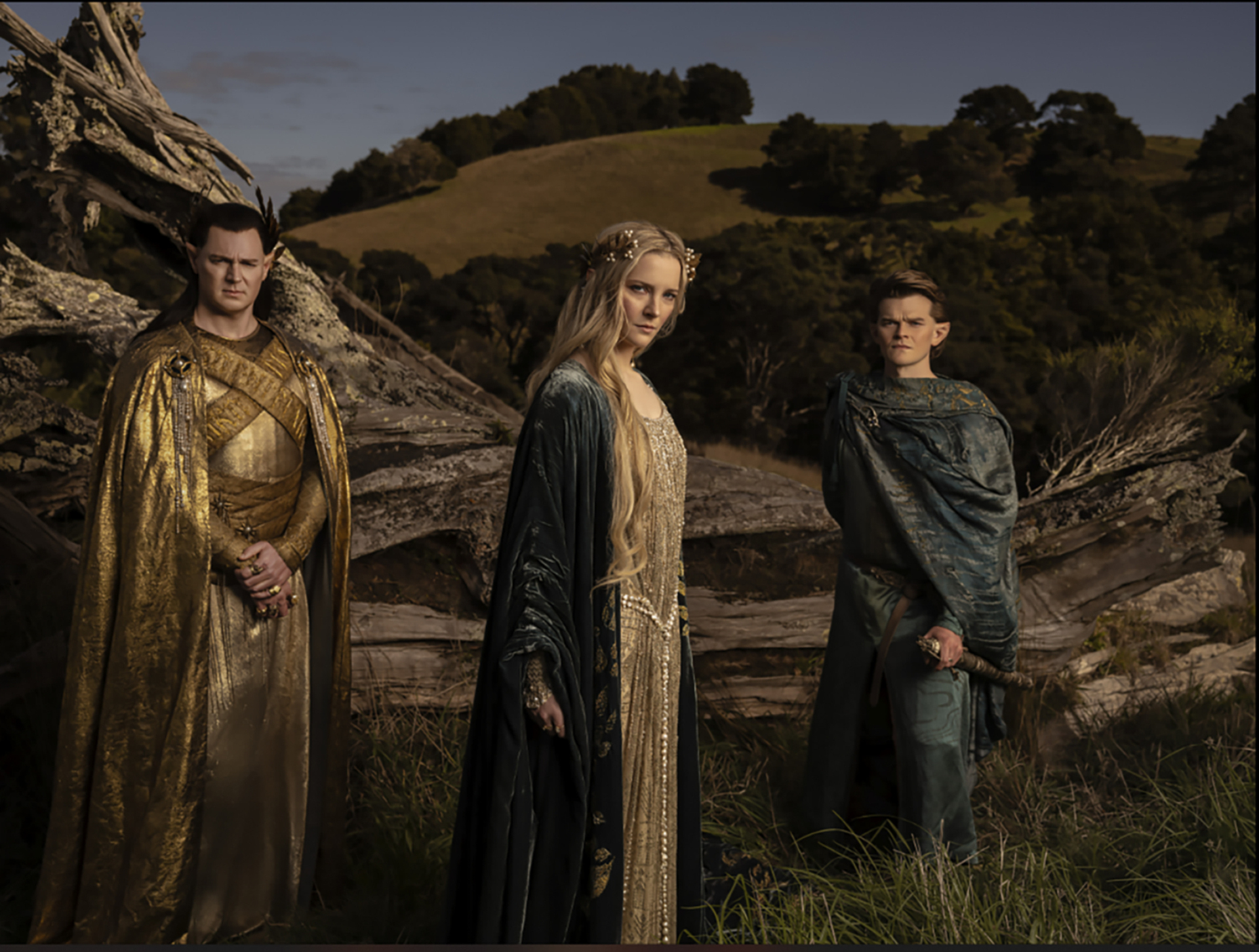 Benjamin Walker, Morfydd Clark and Robert Aramayo in The Lord of the Rings: The Rings of Power.