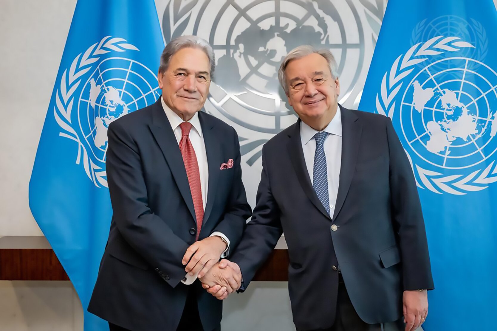 Secretary-General Antonio Guterres (right) meets with Deputy Prime Minister Winston Peters. Photo / UN