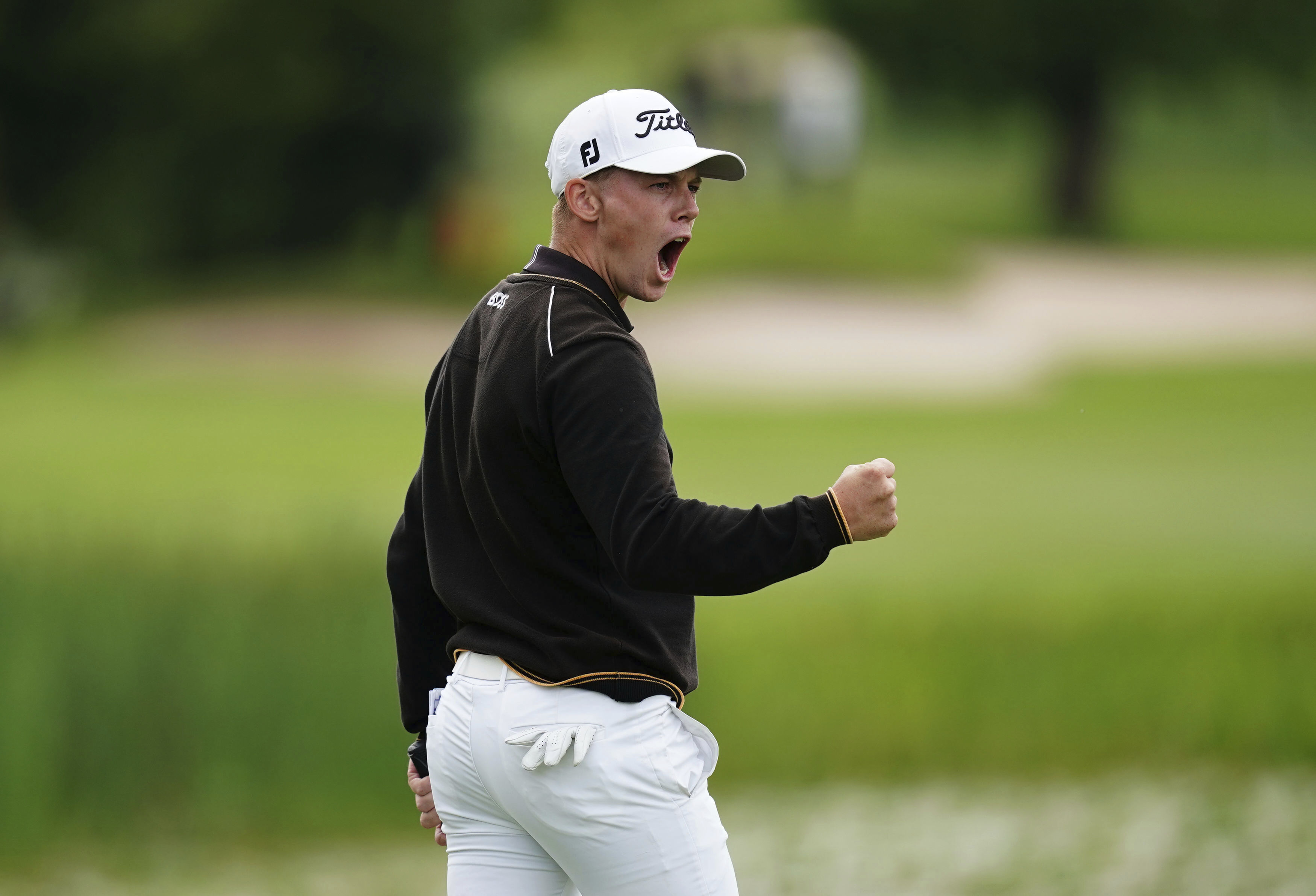 Daniel Hillier of New Zealand celebrates after sinking a putt. Photo / AP