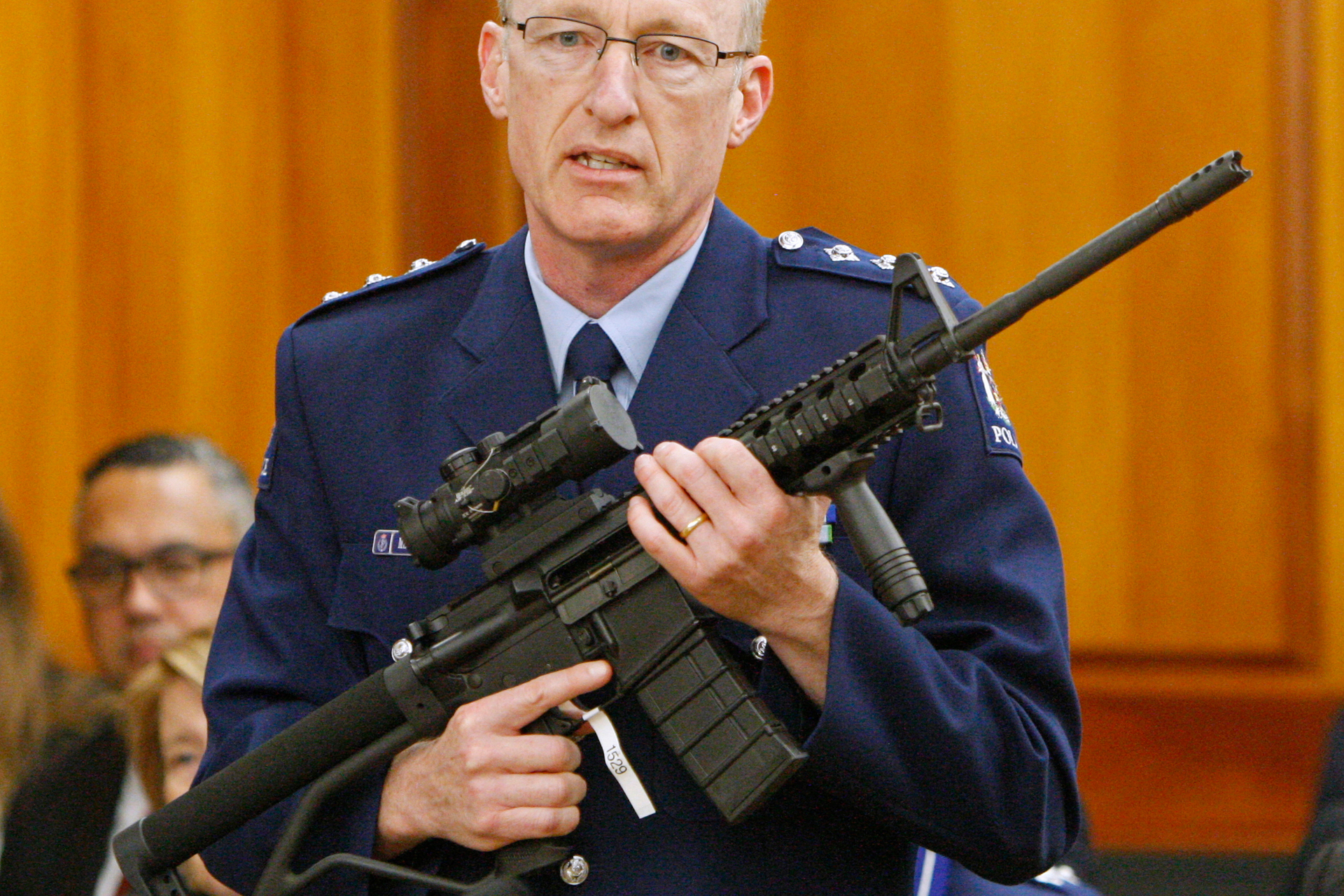 Firearms Safety Authority partnerships director Mike McIlraith, pictured here when he was a police acting superintendent showing a select committee at Parliament the types of firearms that would soon be banned following the first tranche of gun law reforms in 2019.