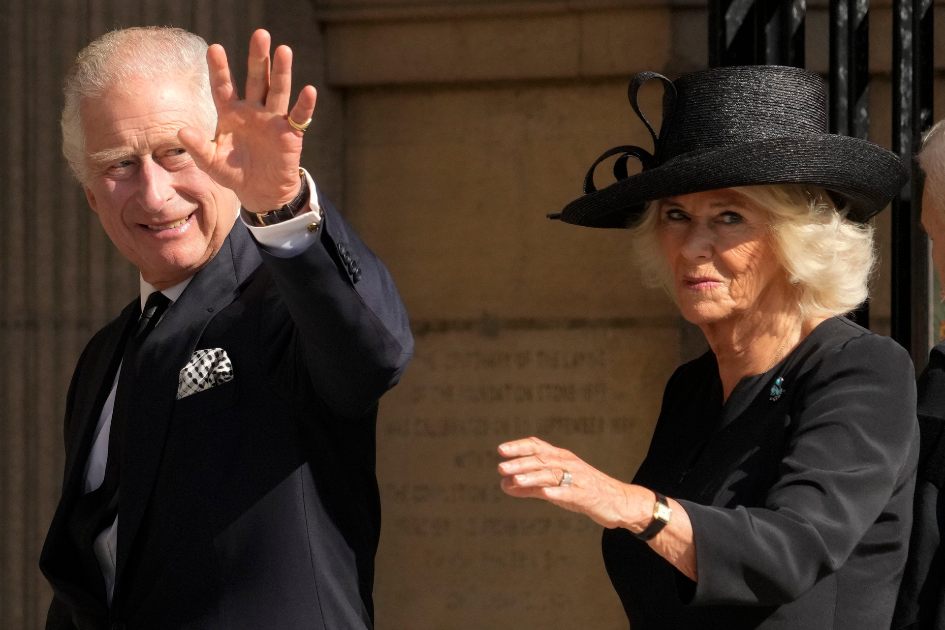 King Charles III and Camilla, the Queen Consort, arrive at St. Anne's Cathedral to attend a Service of Reflection for the life of Her Majesty The Queen Elizabeth in Belfast. Photo / AP
