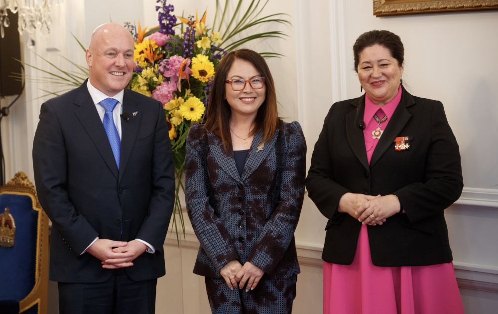 Economic Development Minister Melissa Lee with Prime Minister Christopher Luxon and Governor-General Dame Cindy Kiro after the swearing-in ceremony at Government House in Wellington on November 27, 2023. Photo / Mark Mitchell
