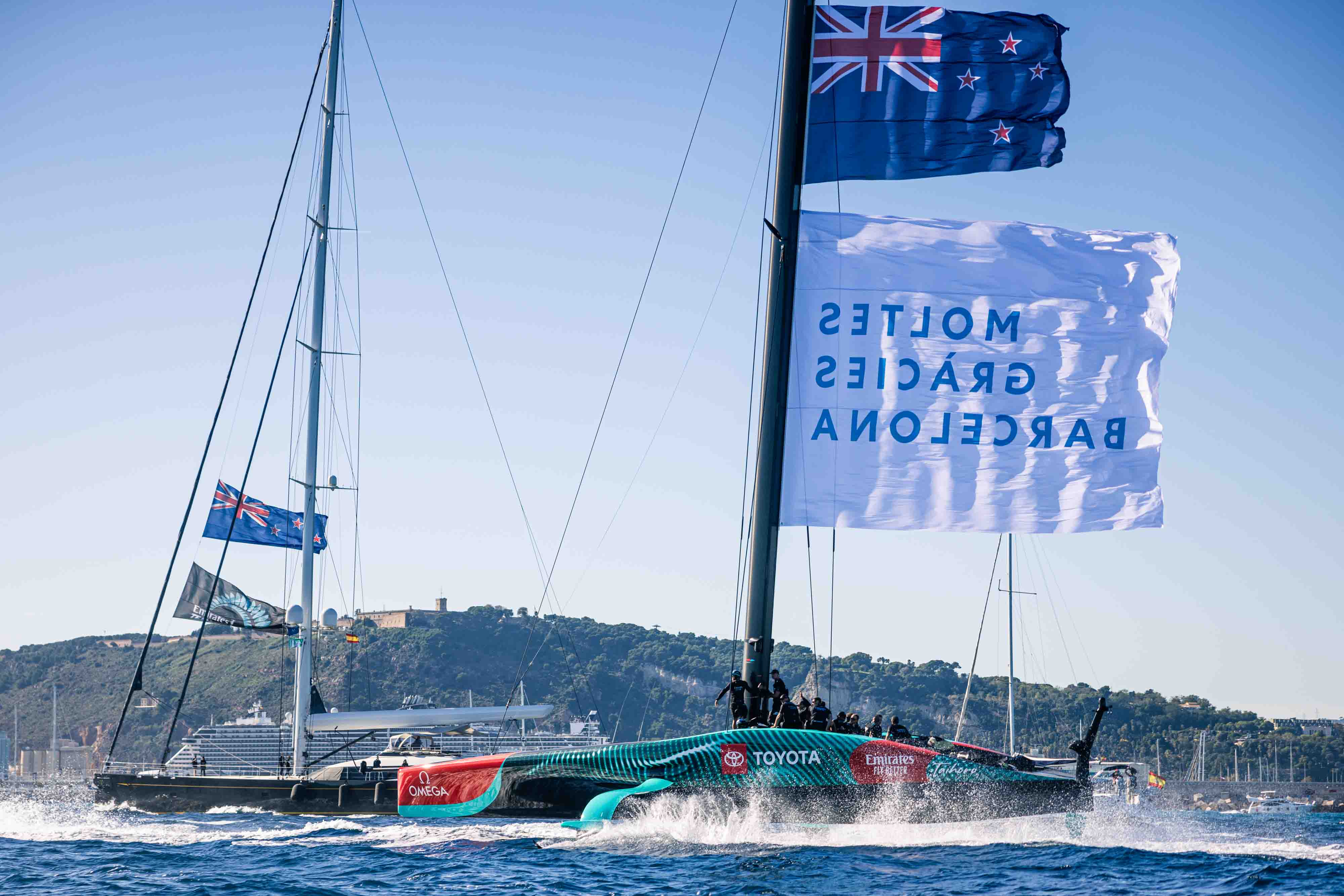 Emirates Team New Zealand flew a flag that read 'THANK YOU VERY MUCH BARCELONA' in Catalan after winning the 37th America's Cup. Photo / Photosport