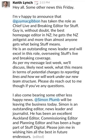 Stuff editor in chief Keith Lynch's message announcing the departure, that day, of Simon Plumb.