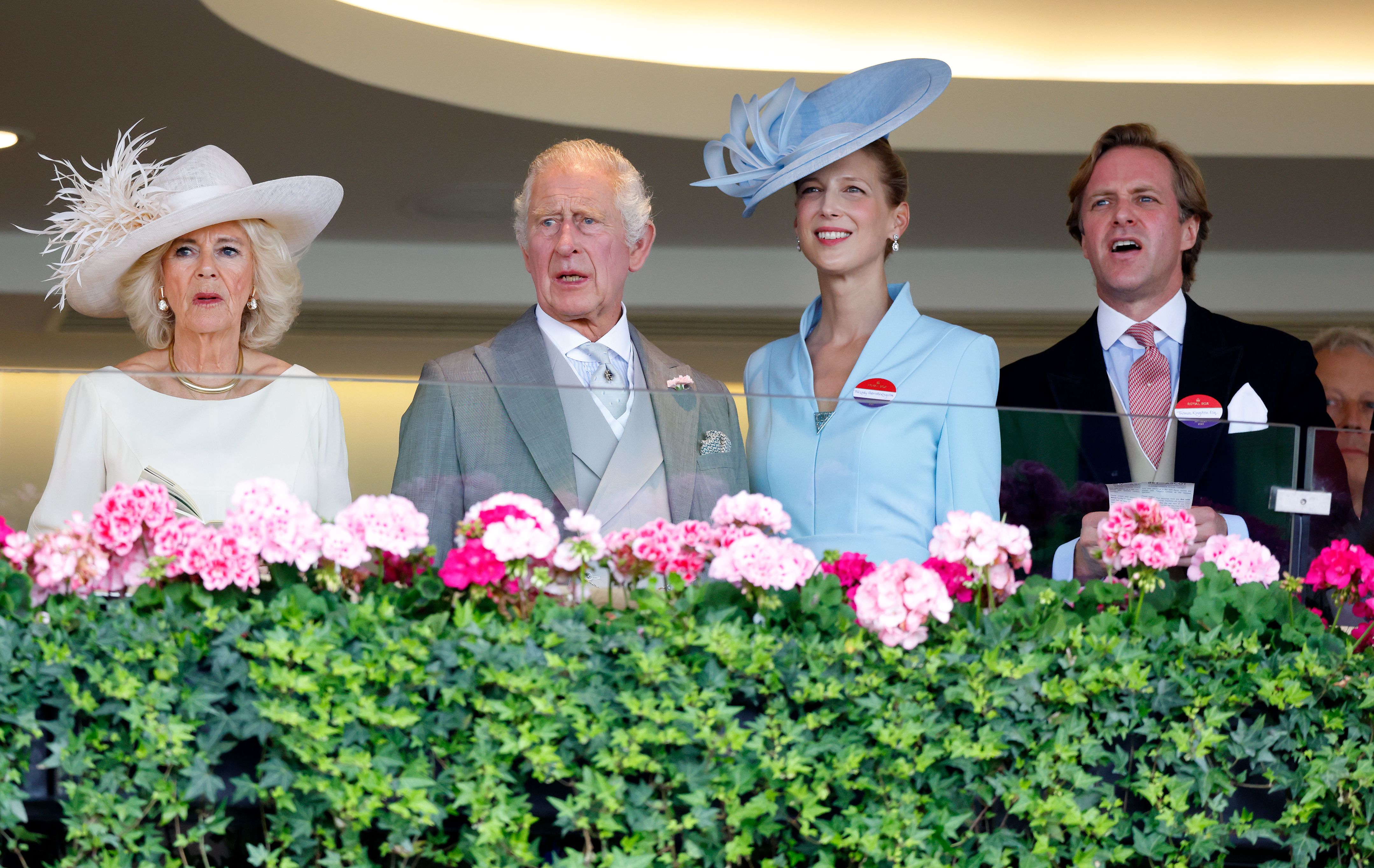 Queen Camilla, King Charles, Lady Gabriella Windsor and Thomas Kingston watch the racing during Royal Ascot 2023. Photo / Getty Images
