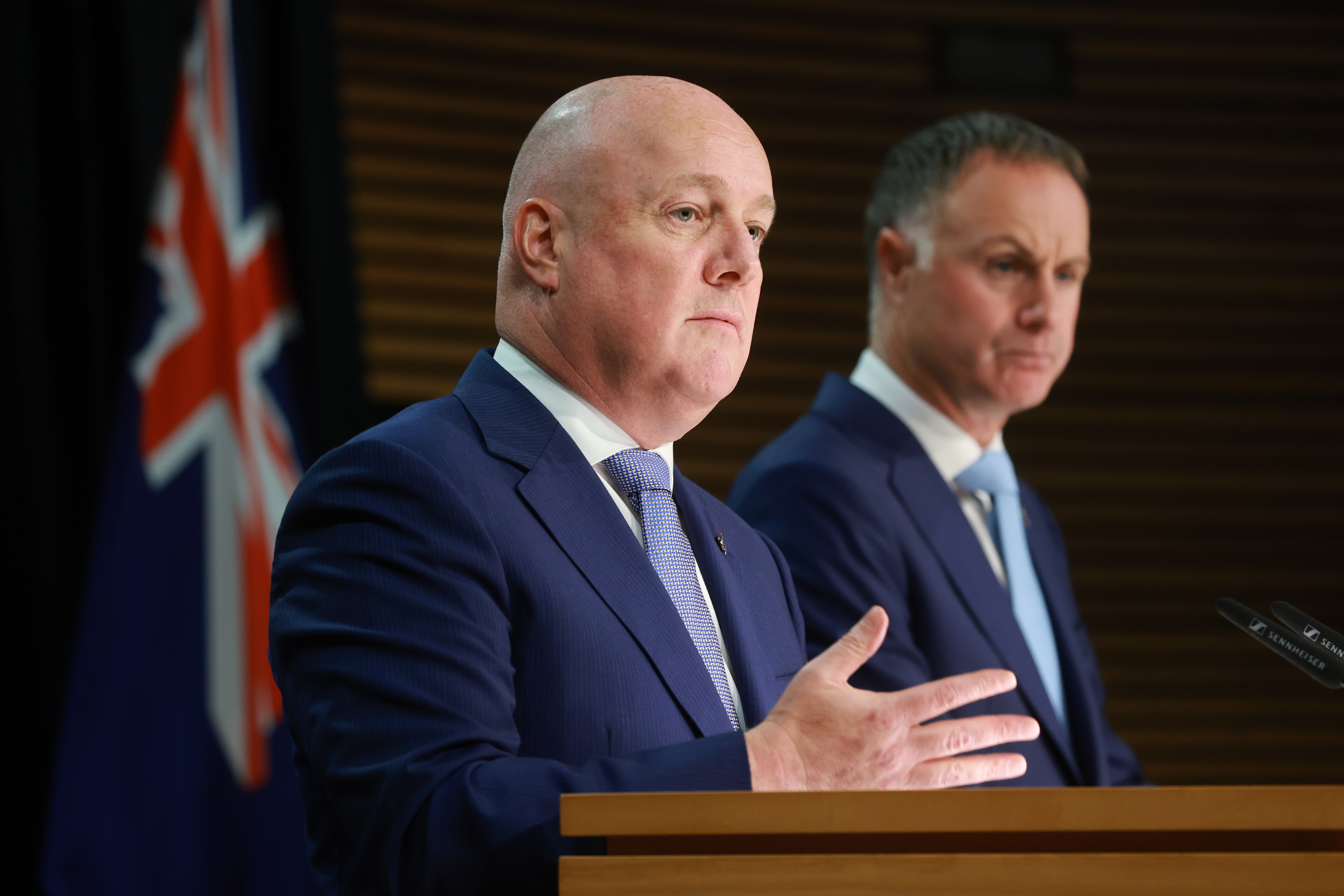 Prime Minister Christopher Luxon and Energy Minister Simon Watts make the announcement about the plan for a liquified natural gas terminal today. Photo / Mark Mitchell