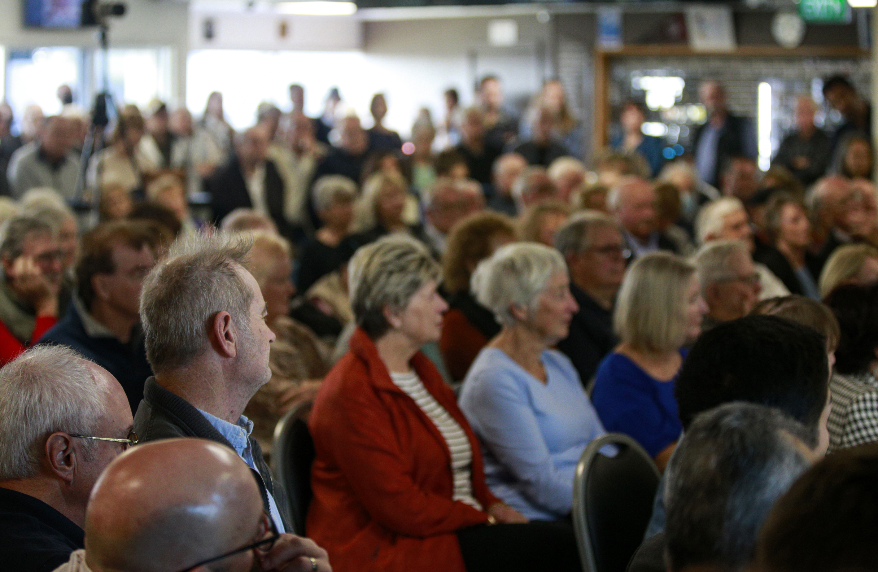 Part of the audience for Christopher Luxon's public meeting in Birkenhead. Photo / Alex Burton 