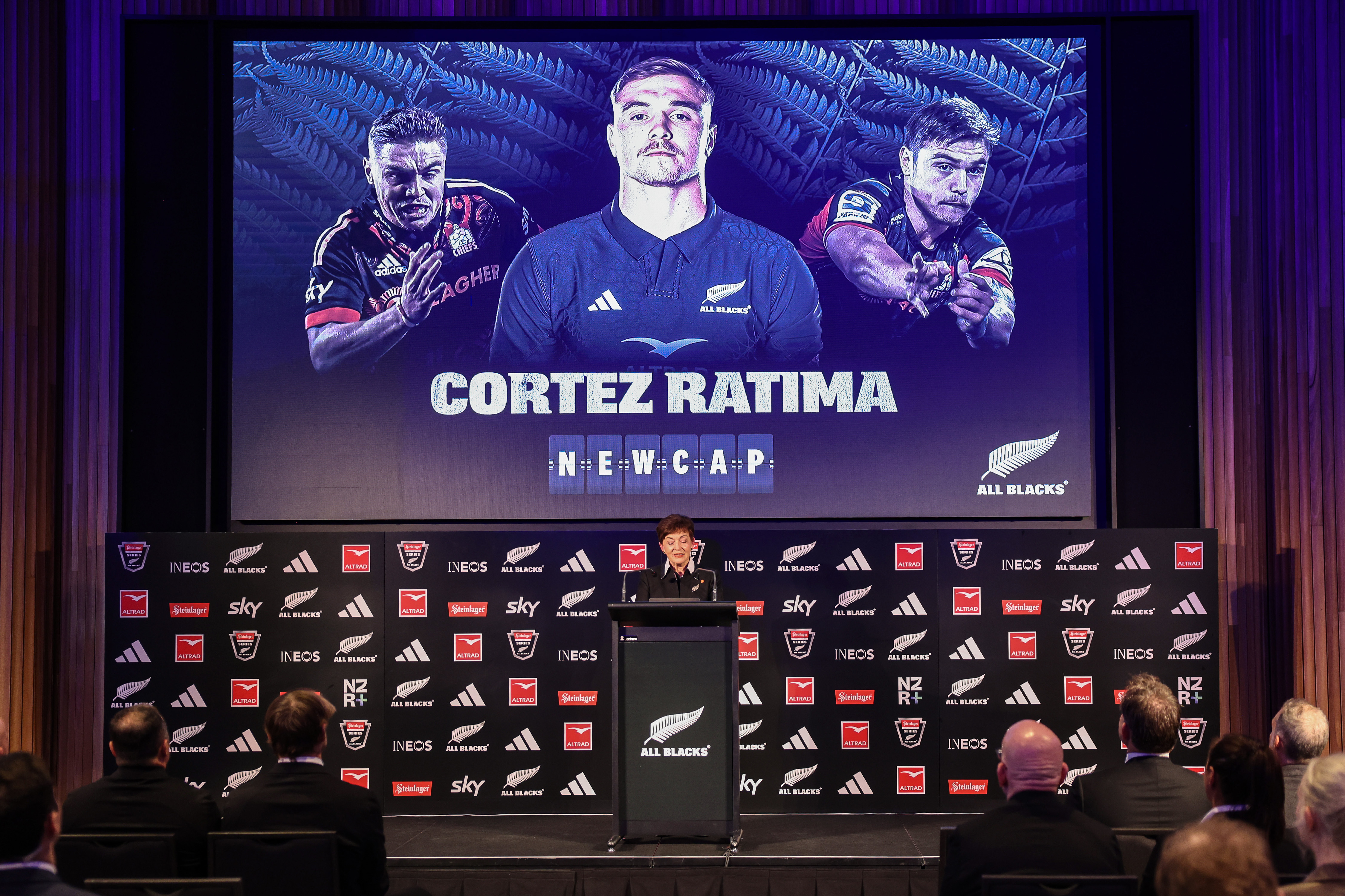 New Zealand Rugby chairwoman Dame Patsy Reddy reads out the name of new cap All Black Cortez Ratima on Monday. Photo / Photosport