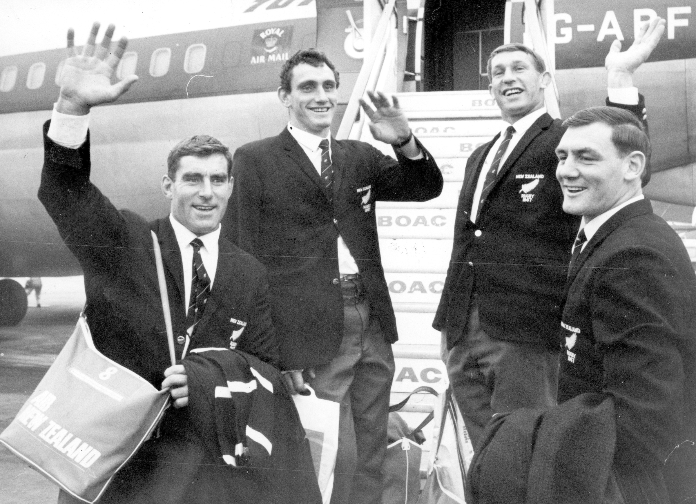 The All Blacks arrive in London at the start of the 1967 tour of Britain and France. From left: Sir Colin Meads, Ken Gray, Kel Tremain and Sir Brian Lochore. Photo / Photosport
