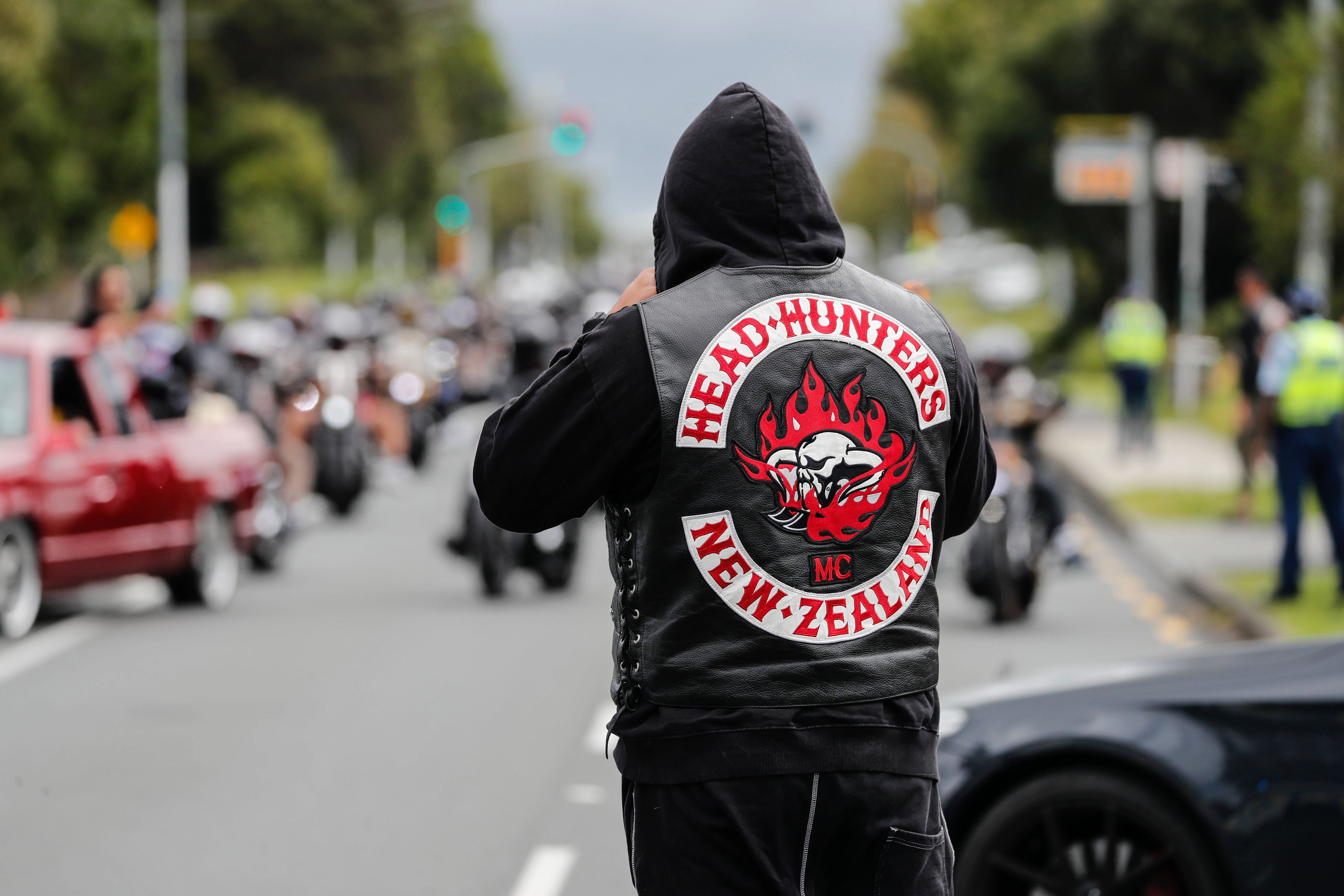 A Head Hunter member at a funeral procession for a fellow member. A High Court judge this week ruled the gang was an organised criminal group and ordered influential leader Wayne Doyle to pay nearly $15 million. Photo / NZME
