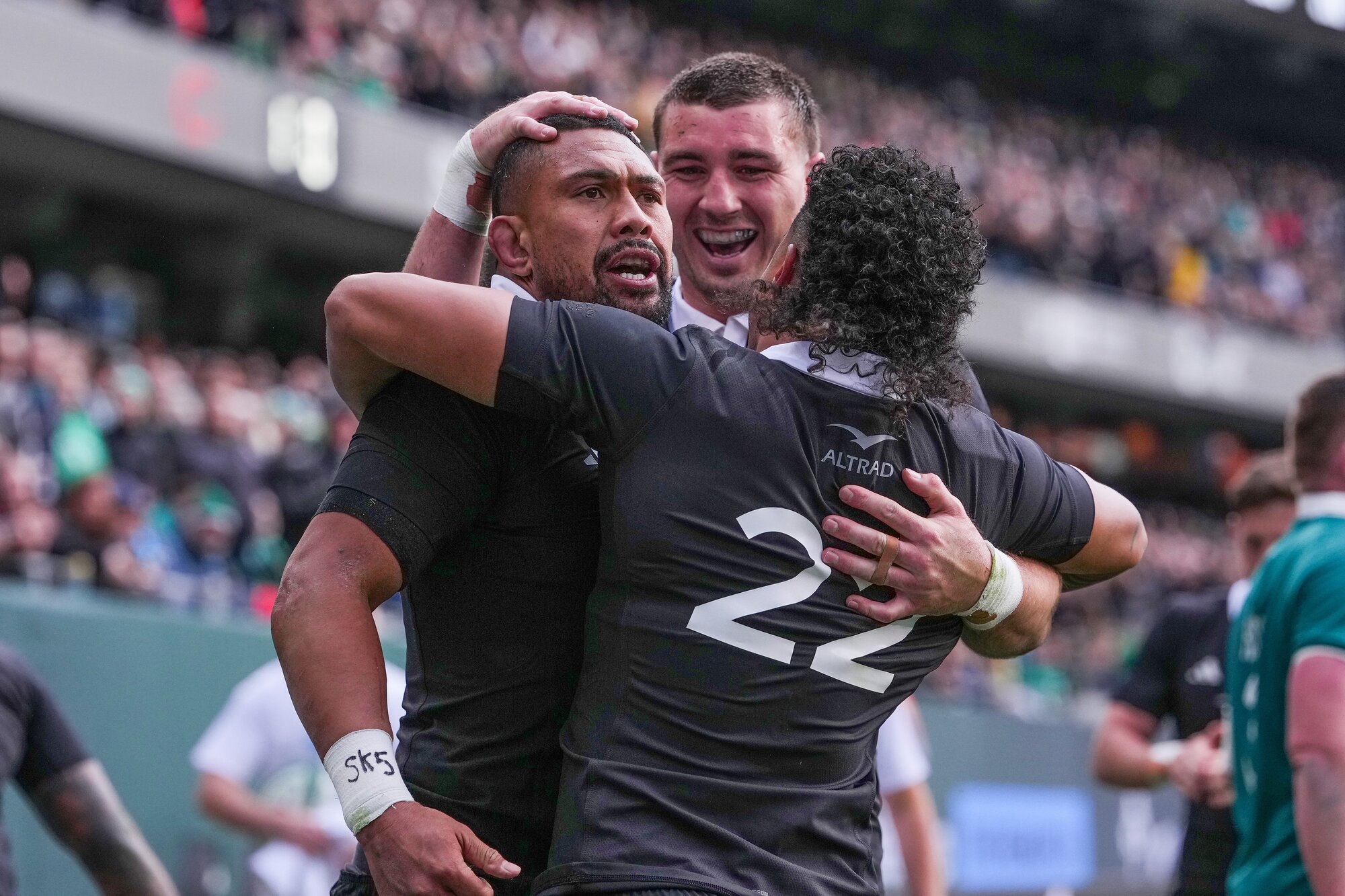 Ardie Savea celebrates his try in the All Blacks win over Ireland in Chicago. Photo / Photosport