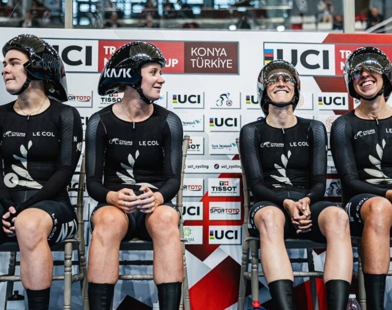 NZ team pursuiters Emily Shearman, Sami Donnelly, Ally Wollaston and Bryony Botha at the 2025 Nations Cup. Photo / Instagram, @sammidonelly